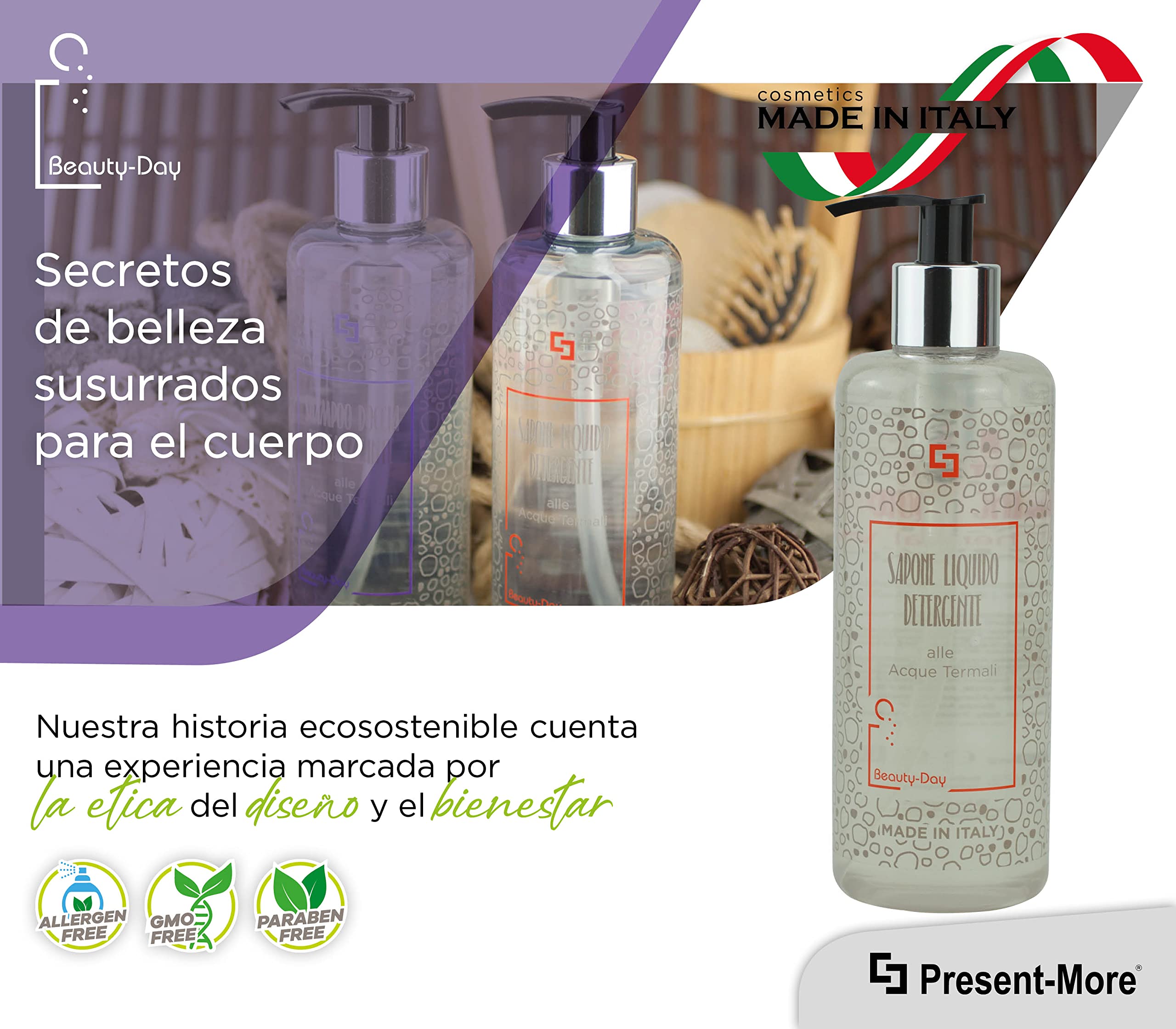 Present-More Jabon manos 300ml Beauty-Day Italy - Jabon líquido 15 unidades para Hoteles y B&B | Jabon líquido sin alérgenos con fragancia Ylang Ylang