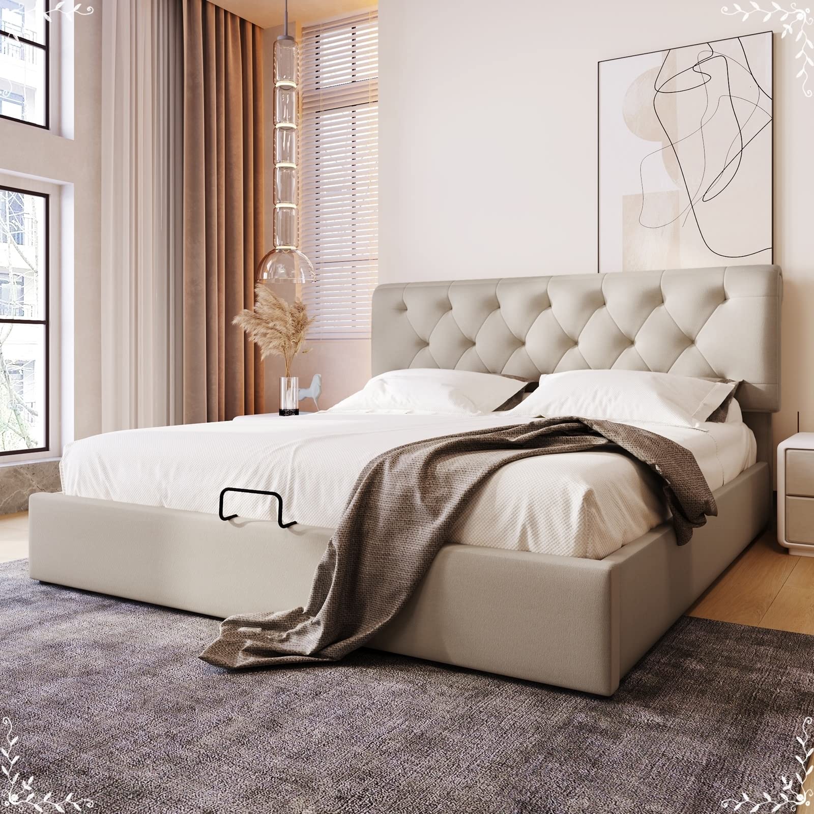 AMDXD Hydraulisch Polsterbett 140x200cm, Verstellbares Kopfteil Doppelbett, Bett mit Lattenrost aus Metallrahmen, Modernes Bettgestell mit Stauraum, Holzfarbe, ohne Matratze