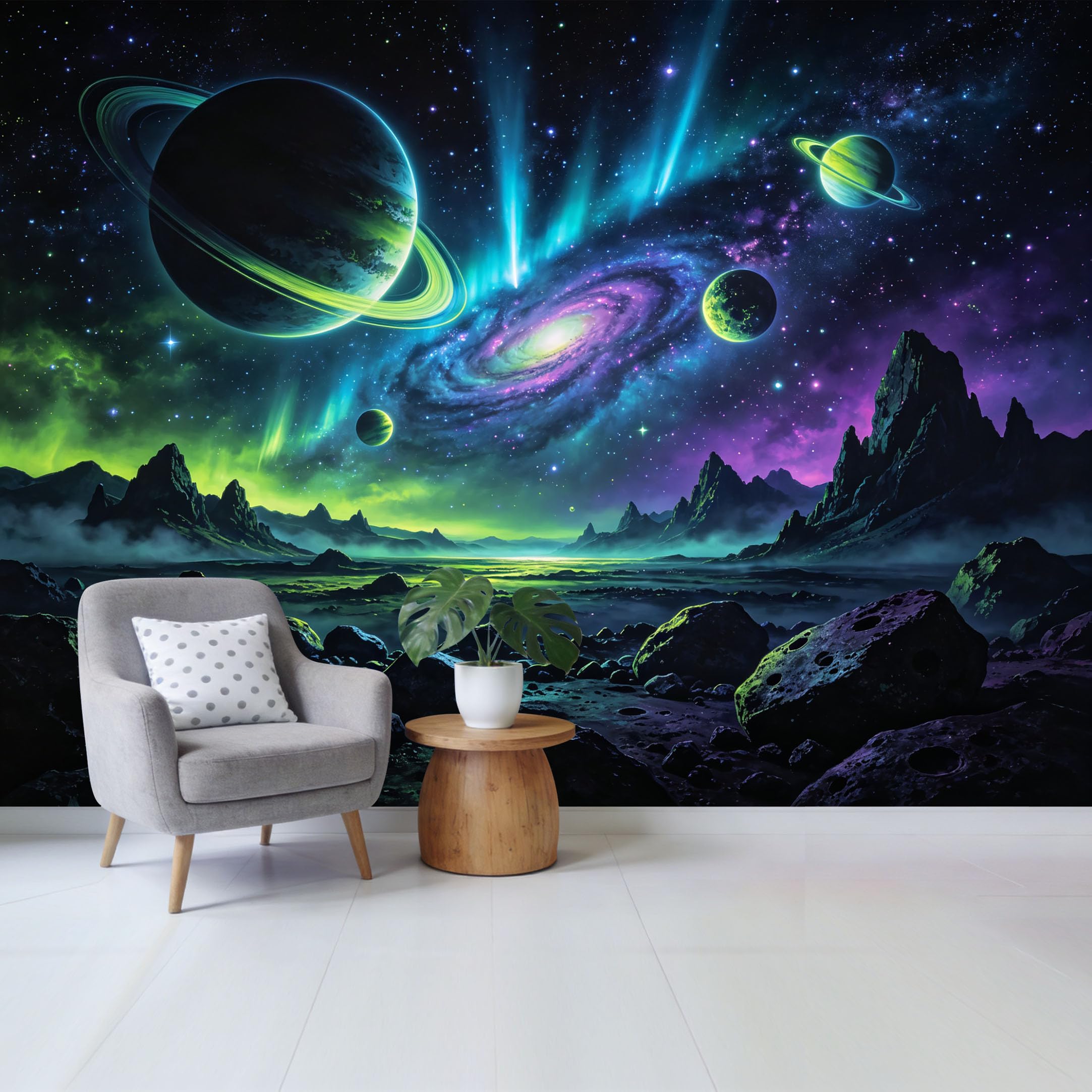 Custom Size Wall Mural Cosmic Galaxy Planet Landscape Aurora Sky Removable Self Adhesive Fabric Home Wall Decor for Living Room Bedroom Bathroom