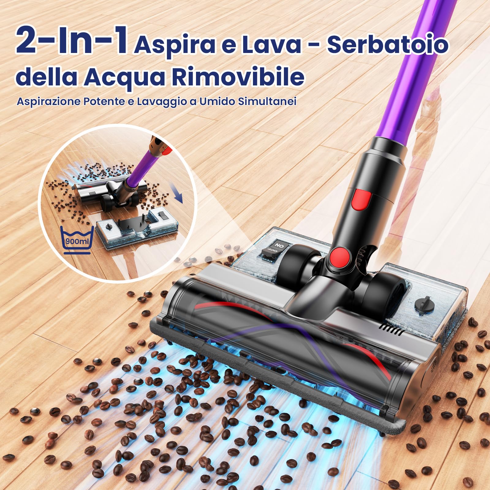 A12 Aspirapolvere Senza Fili 50KPa, 600W, 70Min, Aspirapolvere Scopa con Serbatoio Acqua Rimovibile, Display LED Touch, Spazzola Anti-Groviglio, Pieghevole, per Tappeti, Auto e Cappelli Animali