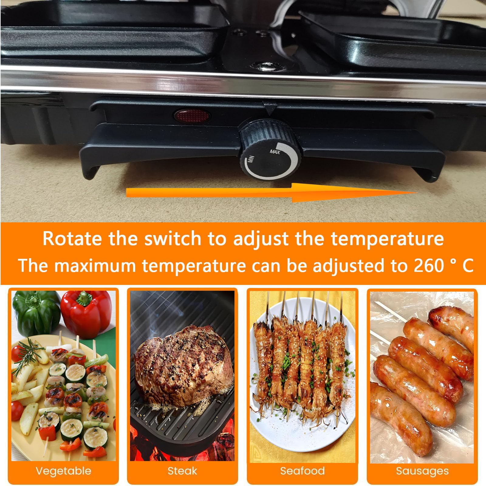 Parrilla de barbacoa coreana 2 en 1, parrilla eléctrica antiadherente Raclette con 8 sartenes de raclette, temperatura ajustable de 1300 W, reversible, sin humo para fiestas familiares en interiores 3