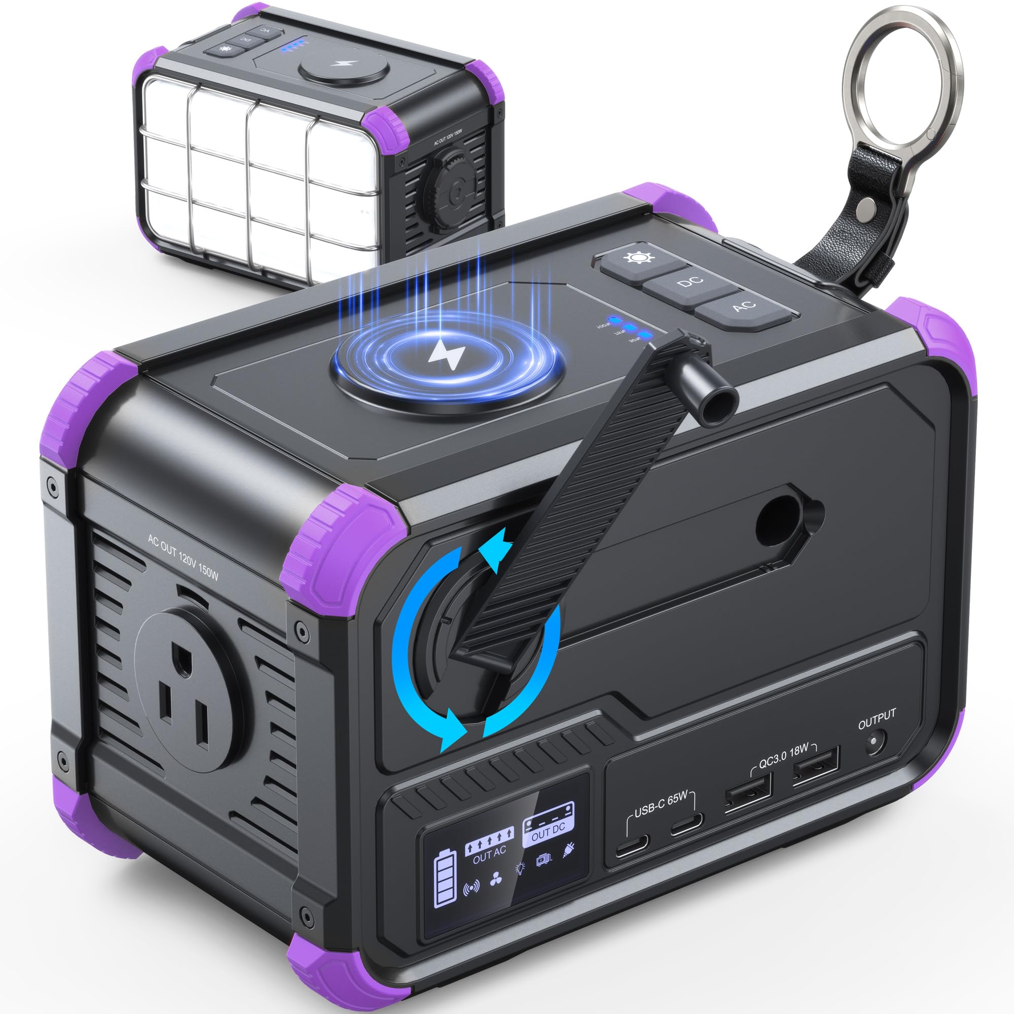 BROWEY Portable Power Station 153Wh Small Solar Generator with Hand Crank 120V 150W AC Outlet Lithium Battery Power Bank, Wireless Charging Emergency Charger for Outdoor Camping Travel Home BackupGlobal Recycled StandardGlobal Recycled StandardGlobal Recycled Standard