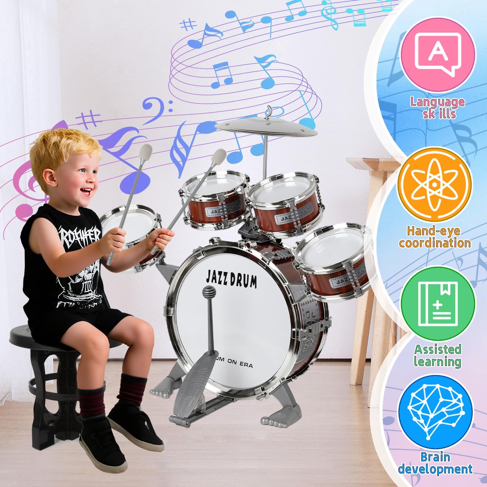 m zimoon Kit Batteria Jazz Per Bambini, 5 Tamburi Con Sgabello Pedale E Bacchette Per Principianti Strumento Musicale Percussione Giocattolo Vacanze Compleanno Regalo Educativo Per Ragazzi E Ragazze