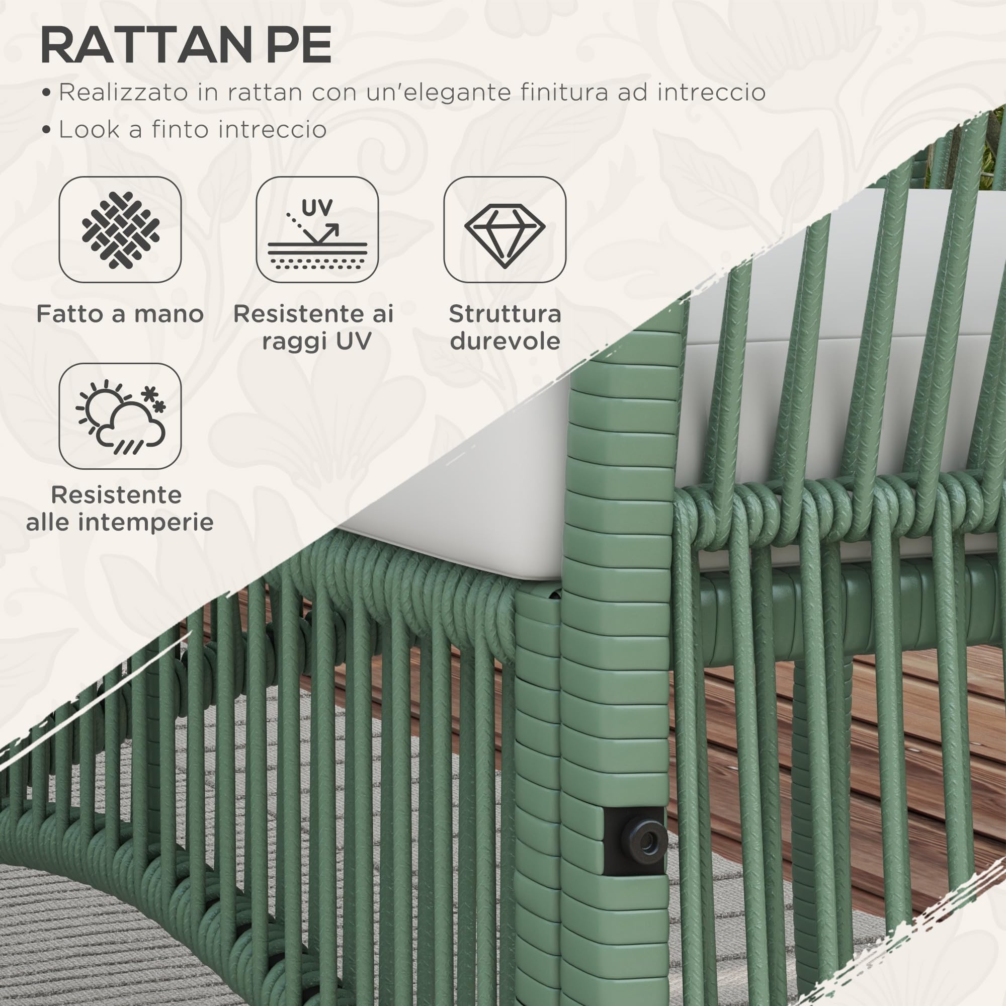 Outsunny Set da Giardino in Rattan 4 Pezzi, Poltrone e Divano e Tavolino, Verde e Nero