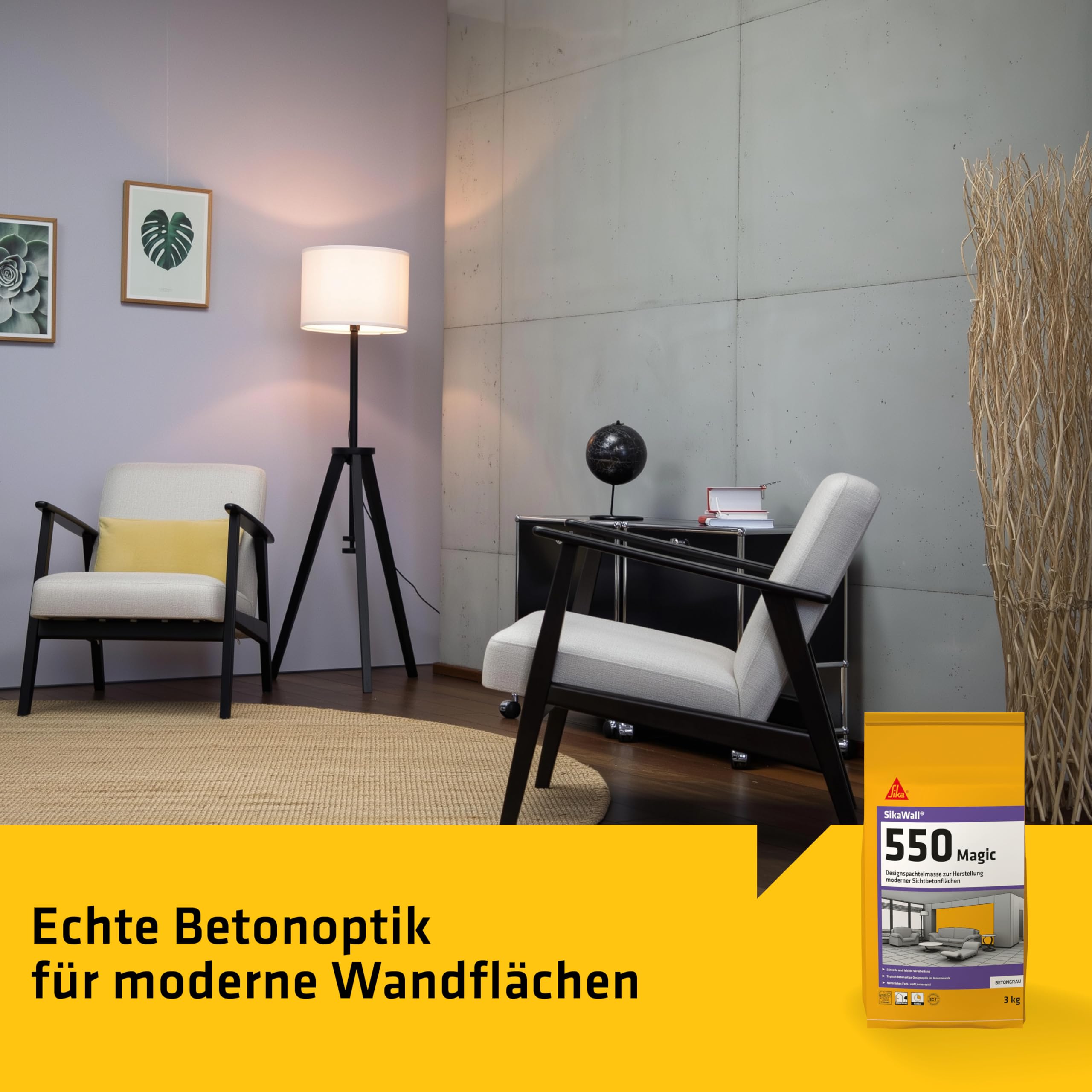 SIKA - Designspachtelmasse Betonoptik - SikaWall-550 Magic - 3kg | Für moderne Wandflächen in Betonoptik - Edler Beton-Look - Dekorative Gestaltung - Einfache Verarbeitung