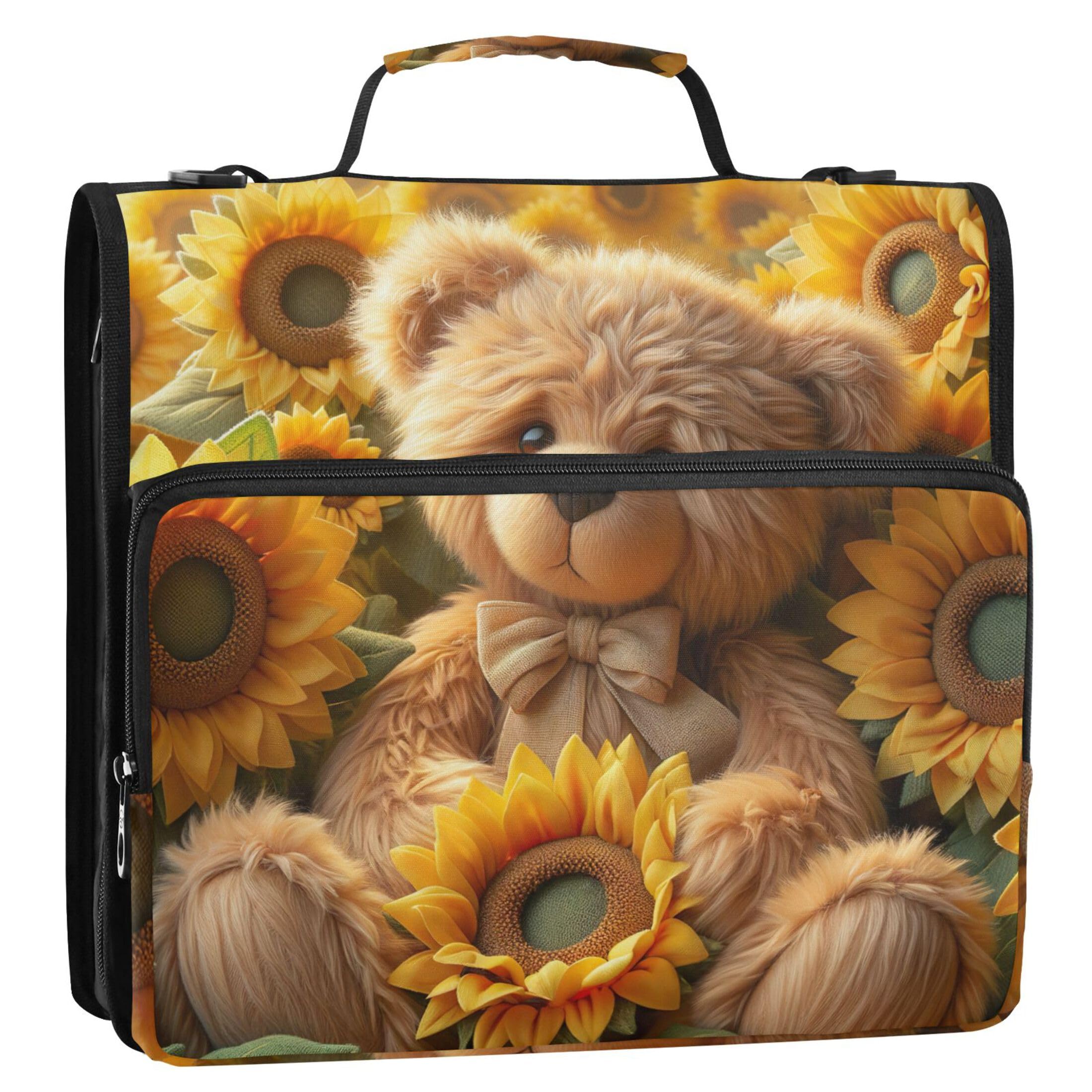 Document Zipper Binder Organizer 1.5 Inch Binders 3 Ring Heavy Duty Cute Teddy Bears Sunflowers Storage Portfolio Folder with Handle Keeper Binder Bag with Strap for School