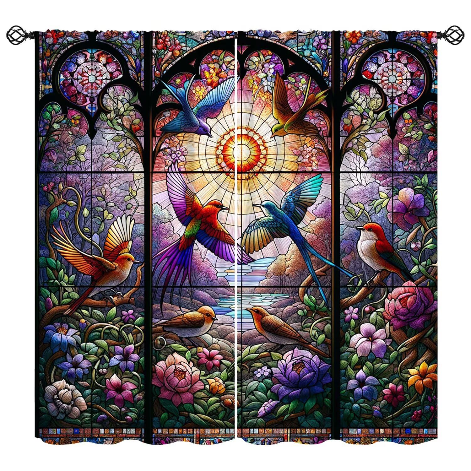 FengMingRui Hummingbird Stained Glass Curtains Nature Scenery Floral Flowers Bird Abstract Geometry Window Treatments for Kids Boys Girls Bedroom
