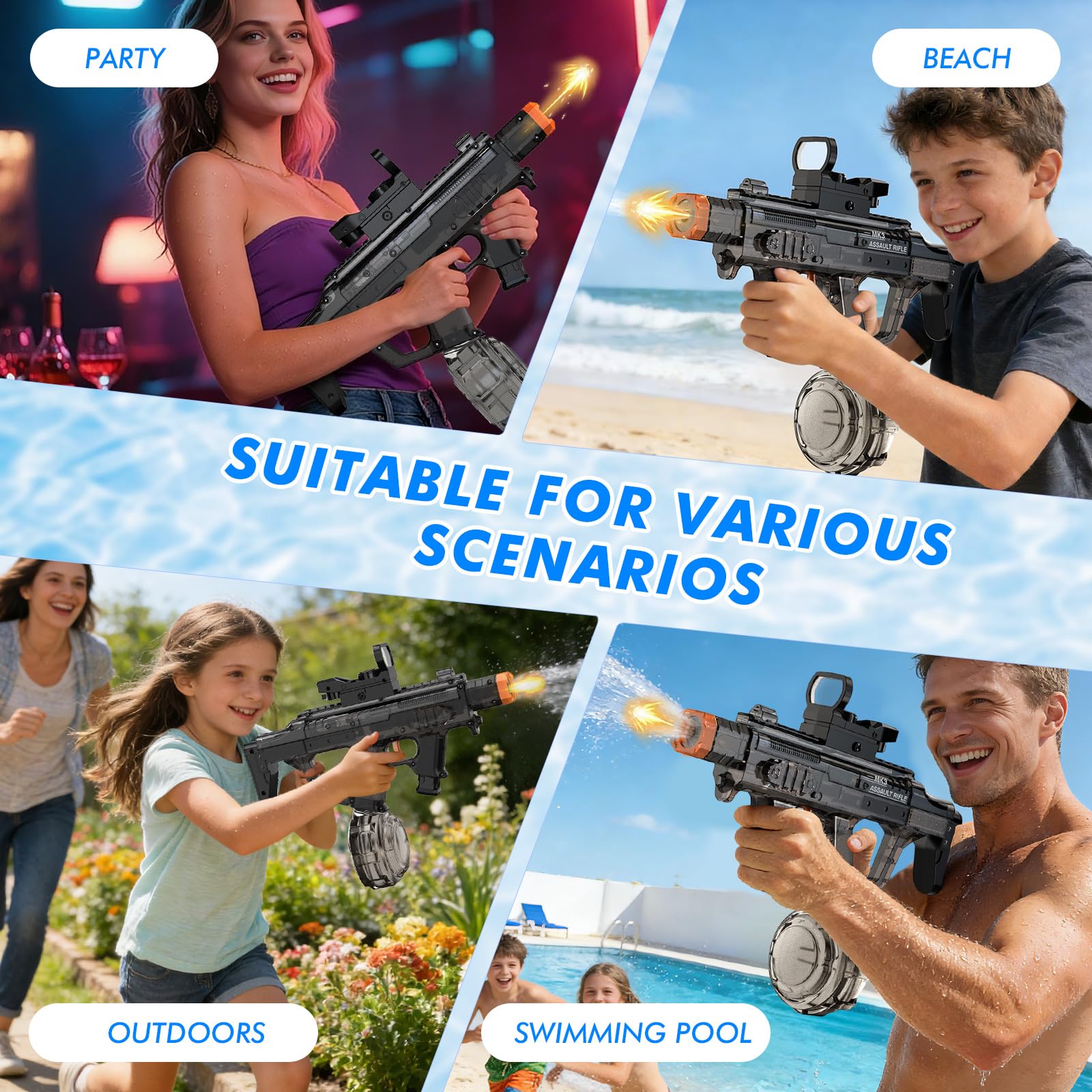 Electric Water Gun for Adults Kids, Automatic Squirt Gun with 33FT Range, Watergun with Flashing Muzzle, Summer Outdoor Water Pistol Pool Beach Party Toys for Boys Girls (Black) — view 7
