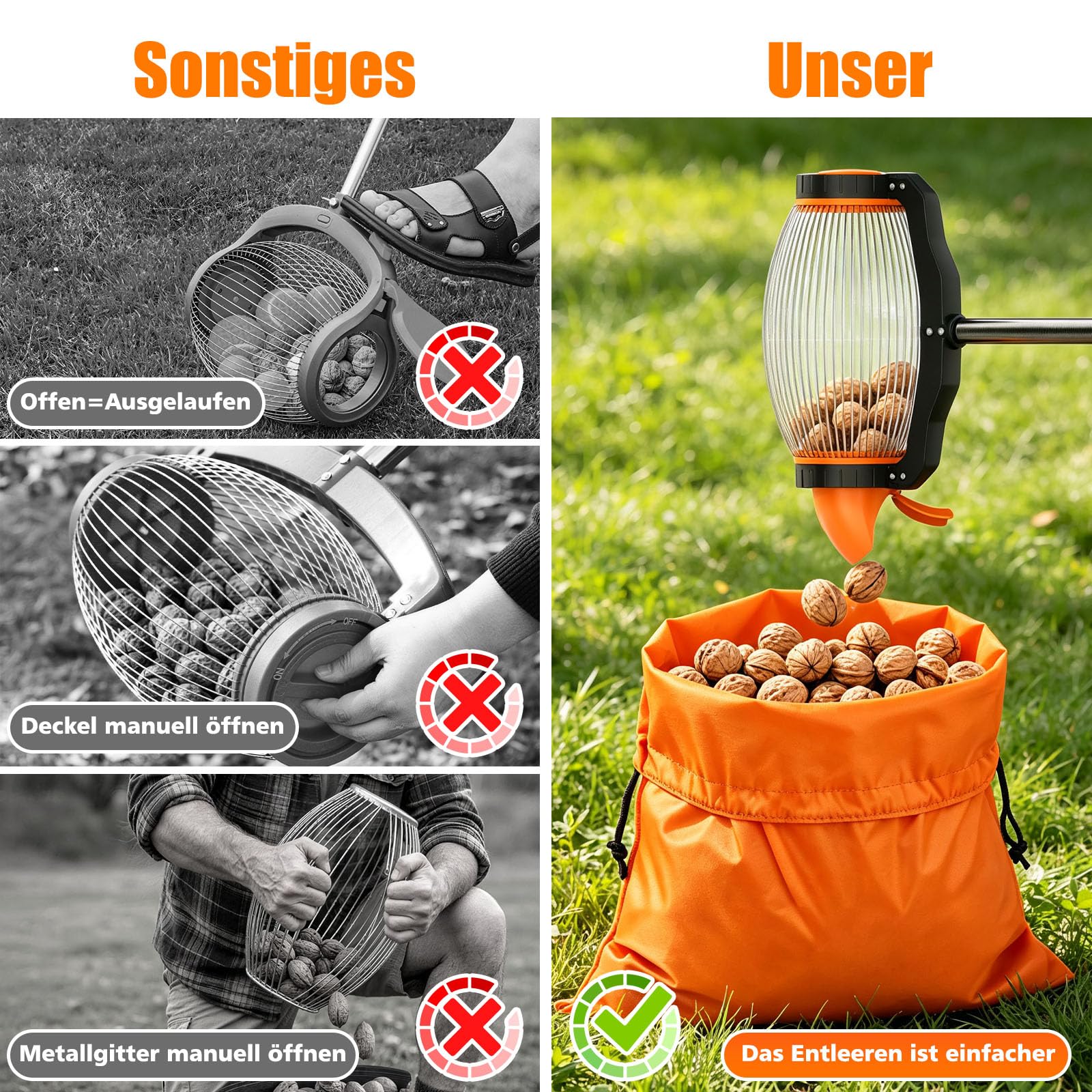 Raccoglitore di noci con manico telescopico, raccogli noci, raccogli frutta per noci, mele, ghiande e frutti di cavo, rullo noci, raccogli palline e raccogli mele