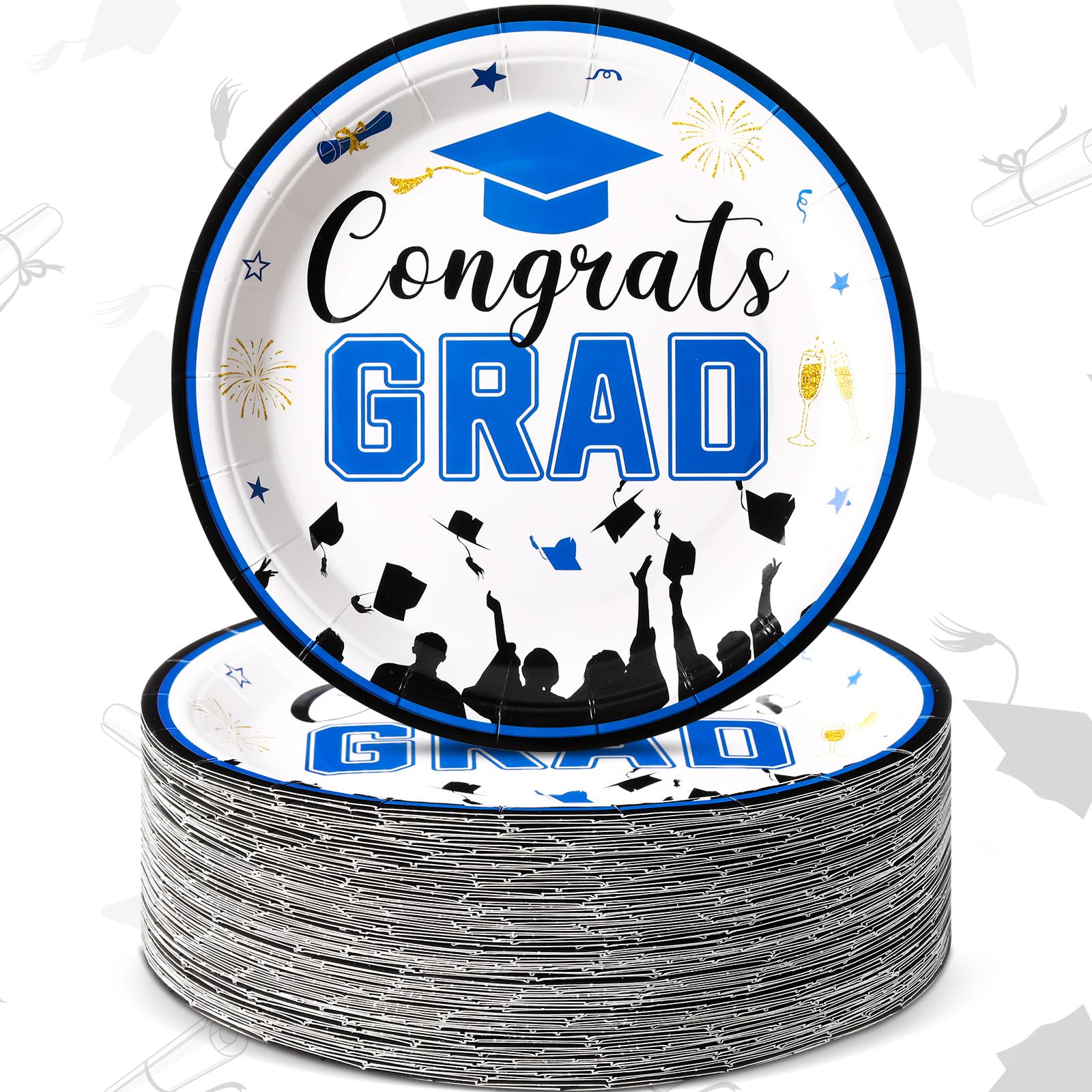 Sabary 100 Pcs Graduation Paper Plates 7 Inch Graduation Party Supplies Class of 2025 Graduation Decorations Congrats Grad Plates Disposable Plate Tableware Graduation Photo Props (Blue Black)