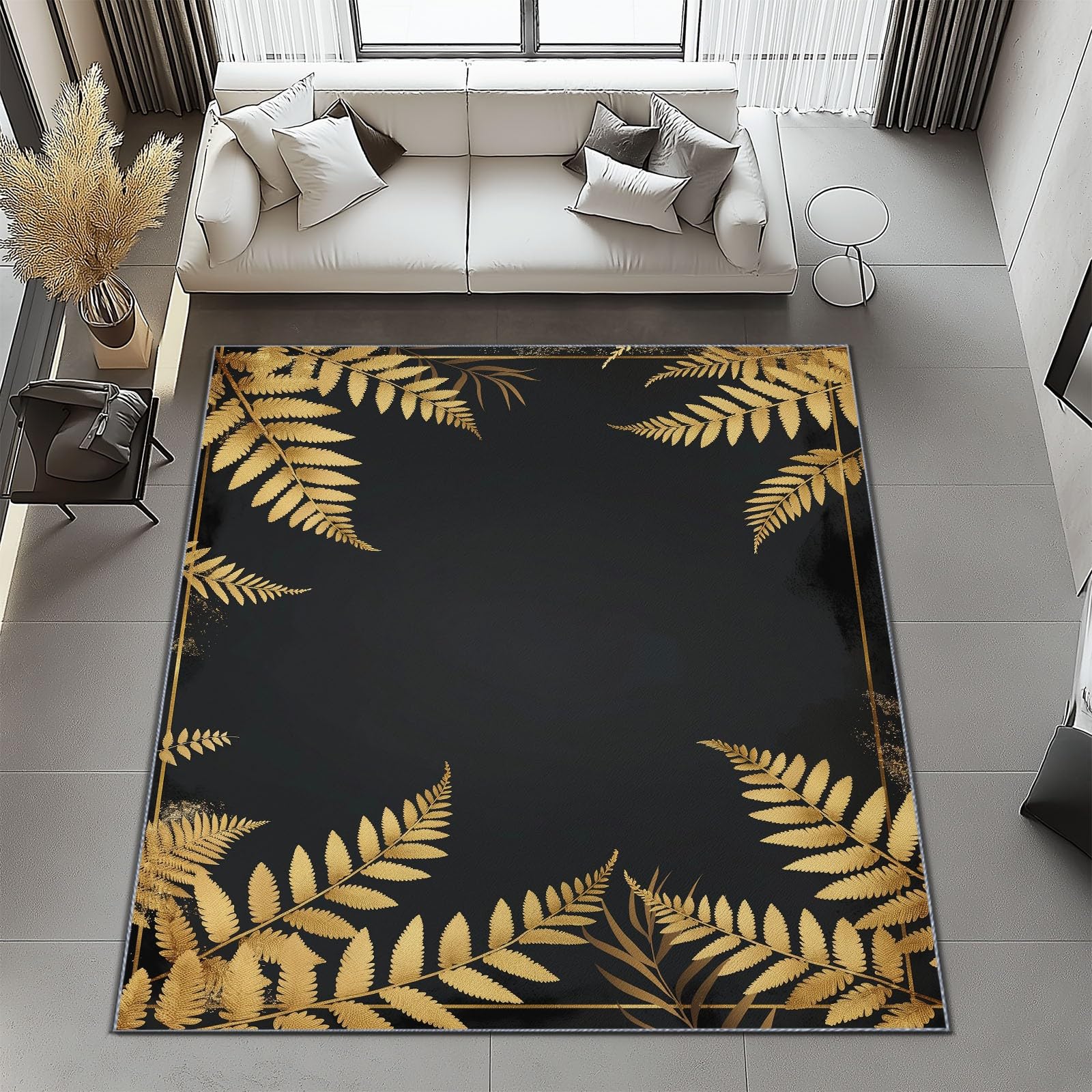 Dywaniki do salonu, 140 x 200 cm, zmywalny, antypoślizgowy, prosty wzór paproci, dywany do sypialni, niskie runo, cienka mata podłogowa, dywan do jadalni, kuchni, biura, czarno-złoty