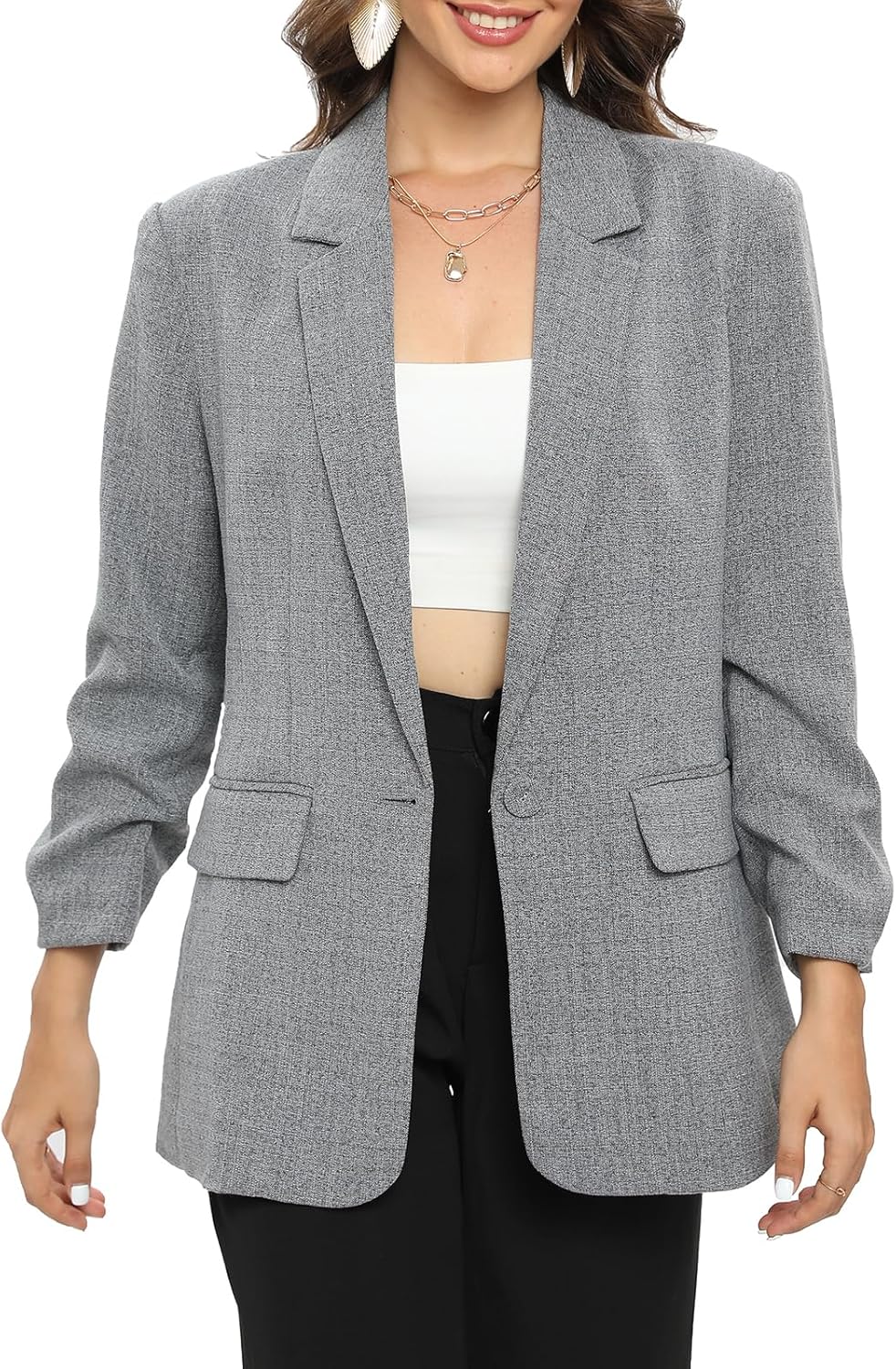 TRNY Womens Blazer Ruched Sleeve Notched Lapel Suit Blazers Jackets with Pockets for Women Business Casual and Work Office