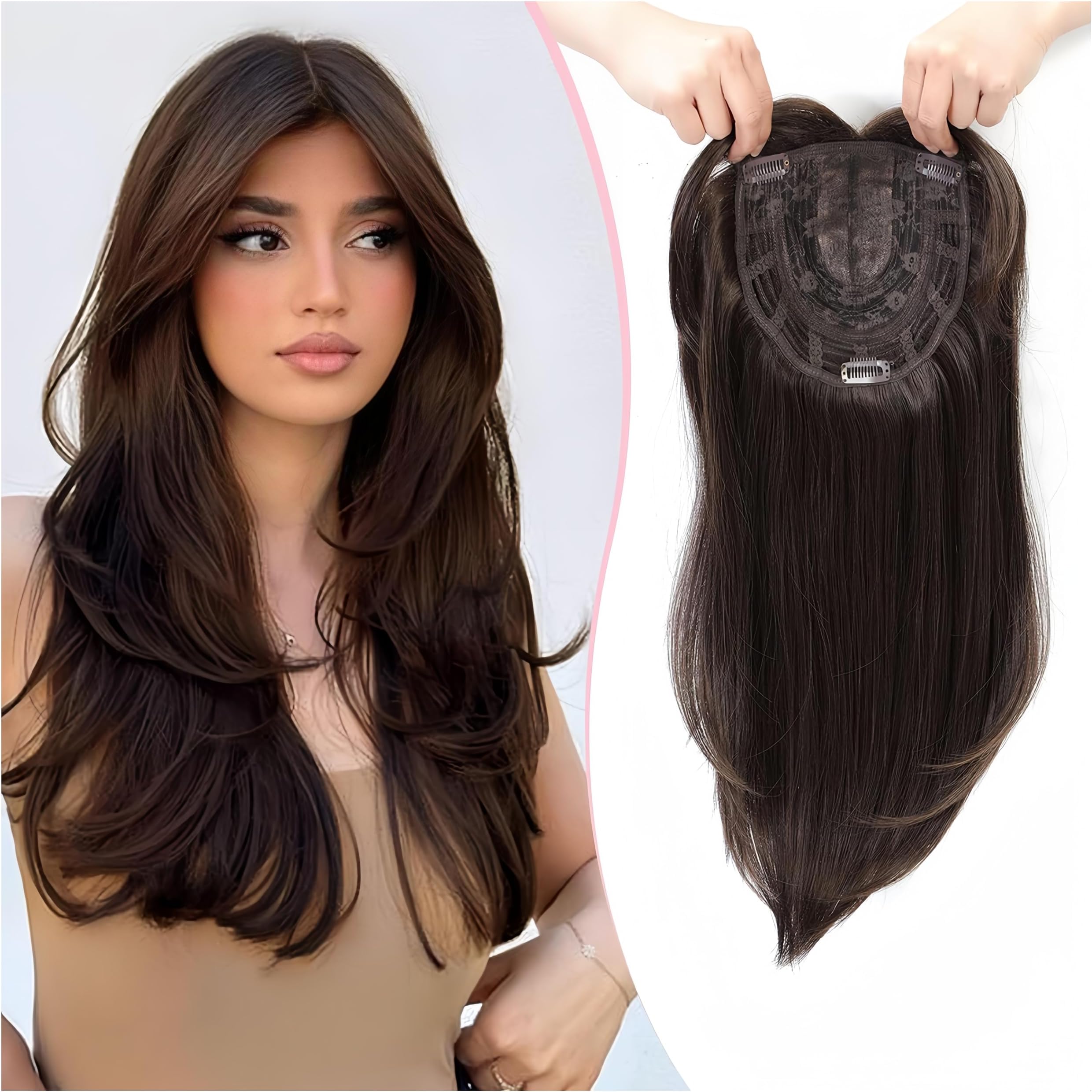 Women's Hair Accessories with Bangs for Thin Hair, Long Wavy Hair Extensions Top Large Bottom Cover Thin Hair Clip Women's Hair Accessories for Thin Hair Women, 18 Inch (dark brown)