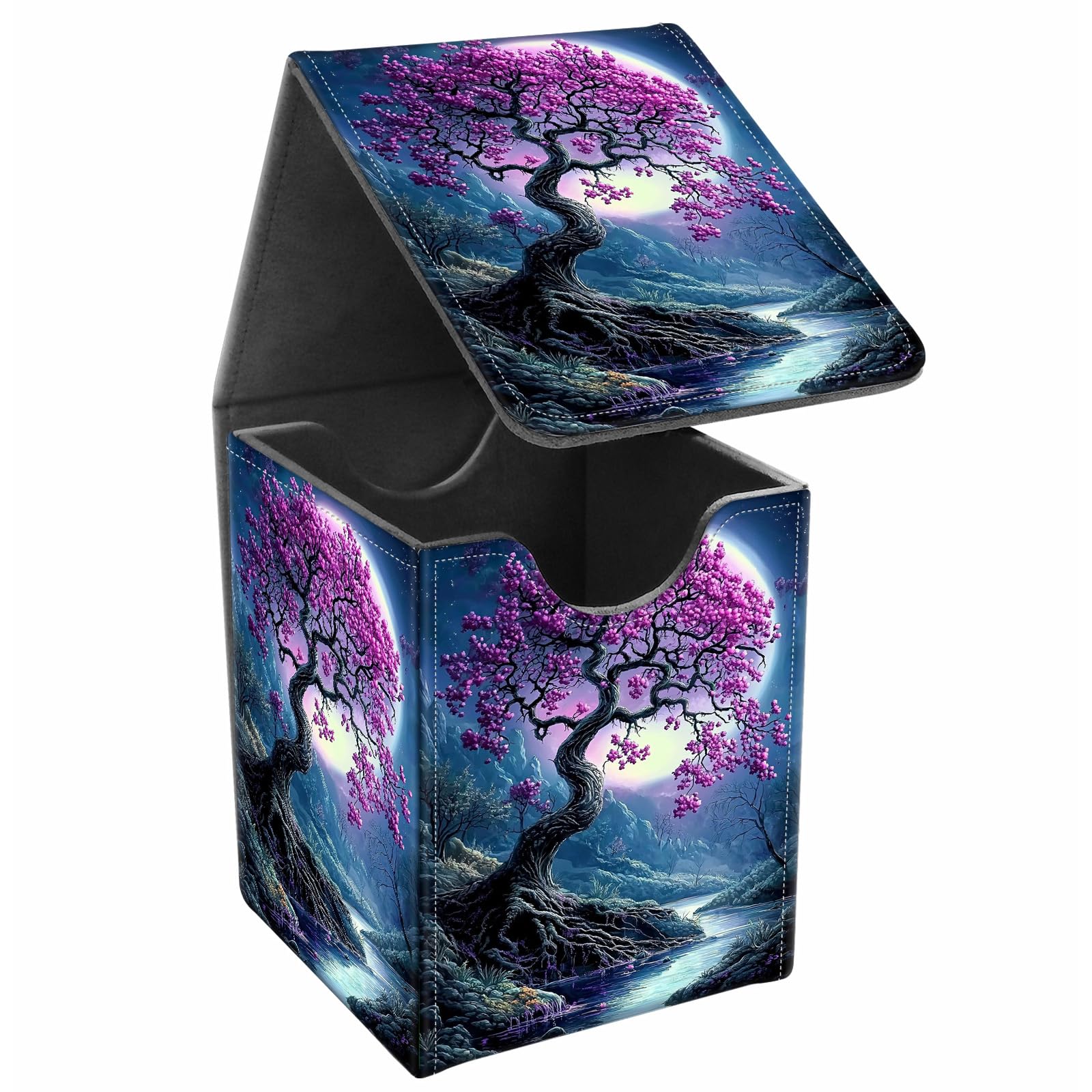JANENFNA Card Deck Box, Card Storage Box Fits 100+ Single Sleeved Cards, Large Capacity PU Leather Card Storage Box with Strong Magnet for Magic Commander TCG/CCG, Moonlight Tree