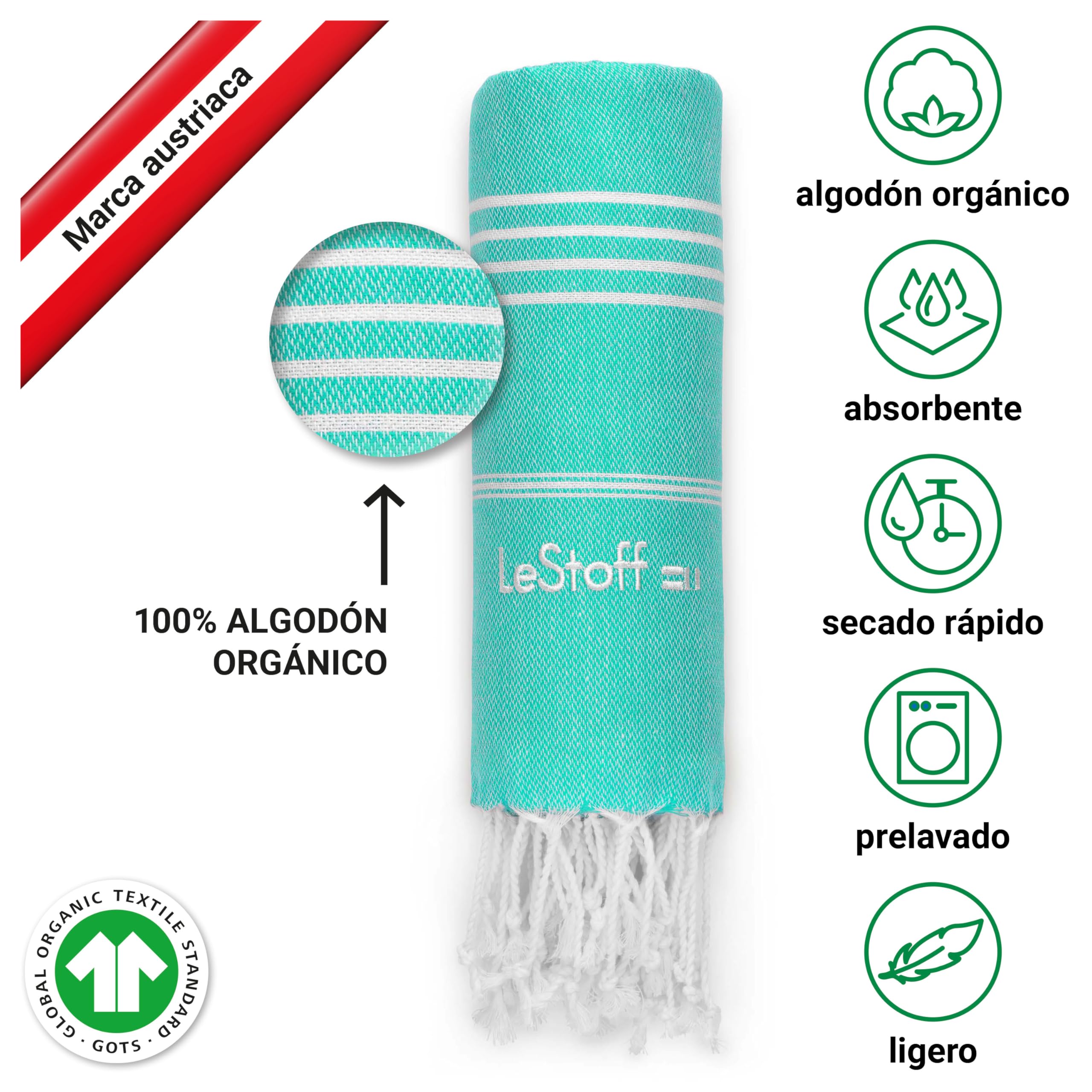 LeStoff Toalla Fouta XXL Playa, Algodón Orgánico, 200x200 cm, Turquesa