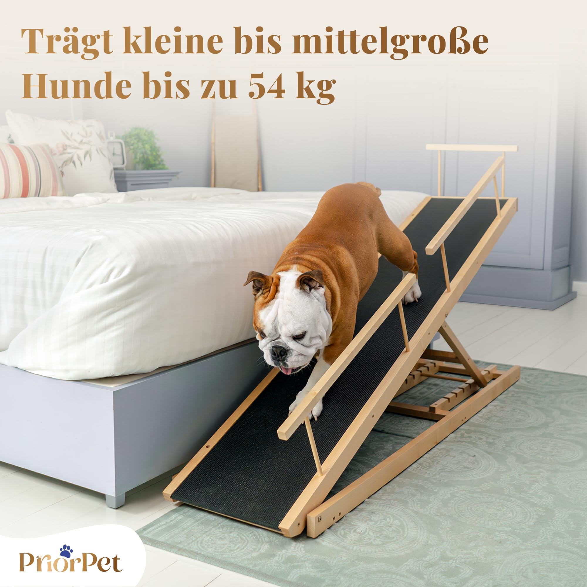 Hunderampe Bett PRIORPET aus Birkenholz mit Sicherheitsgeländer - Höhenverstellbare hundetreppe für Betten bis zu 94.5cm - Klappbar - Anti-Rutsch-Griff - Für kleine Hunde bis zu 23kg - Naturel