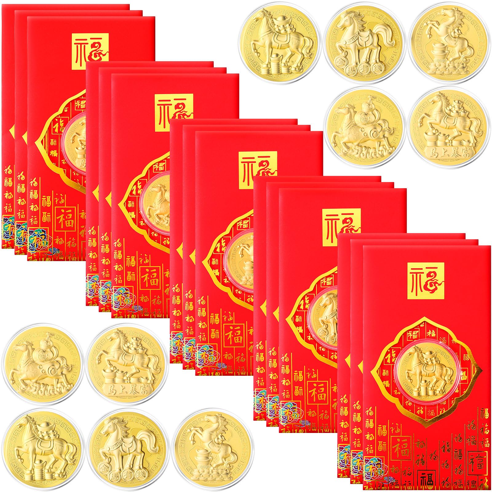 15 Pcs Chinese New Year Red Envelopes with Horse Coins 2026 Lunar New Year of the Horse Commemorative Coins Lucky Money Hong Bao Envelopes Zodiac Souvenir Coin for Blessing Health and Wealth