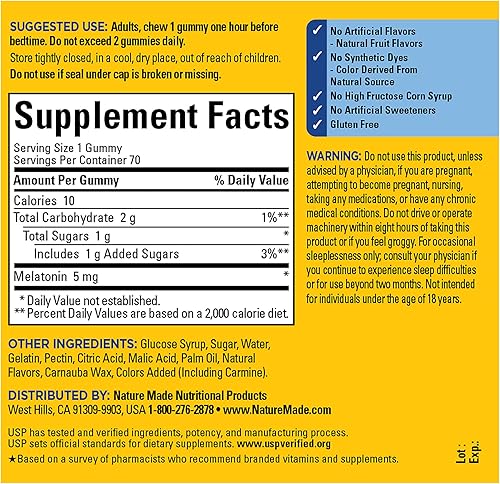 Miniatura 5 de Nature Made Melatonina 5 mg suplemento dietético para un sueño reparador 70 gomitas y suministro para 70 días