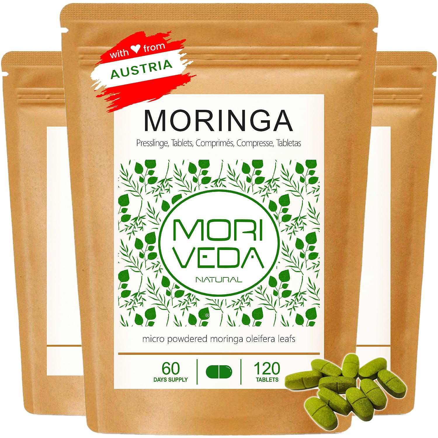 MoriVeda Comprimés Moringa Energy 3800 mg, 360 pastilles pressées avec vitamines, protéines & acides aminés, réserve de 180 jours en qualité ayurvédique haut de gamme, végan & sans gluten