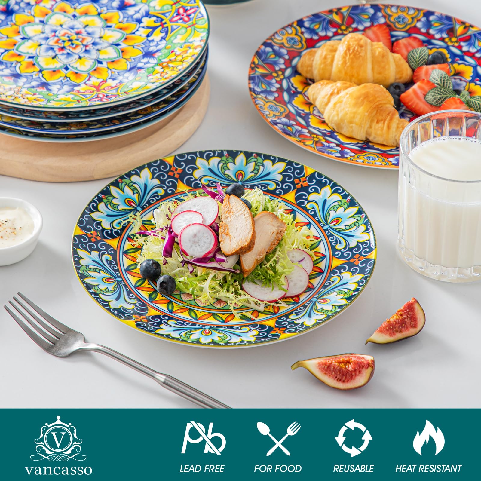 vancasso Serie SIMI Set di 6 Piatti, 21.8cm Piatti Dessert Colorati in Ceramica, Piatti da Insalata Cucina, Piatti da Pasta Spaghetti, Forno a Microonde e Lavabile in Lavastoviglie, Stile Bohémien