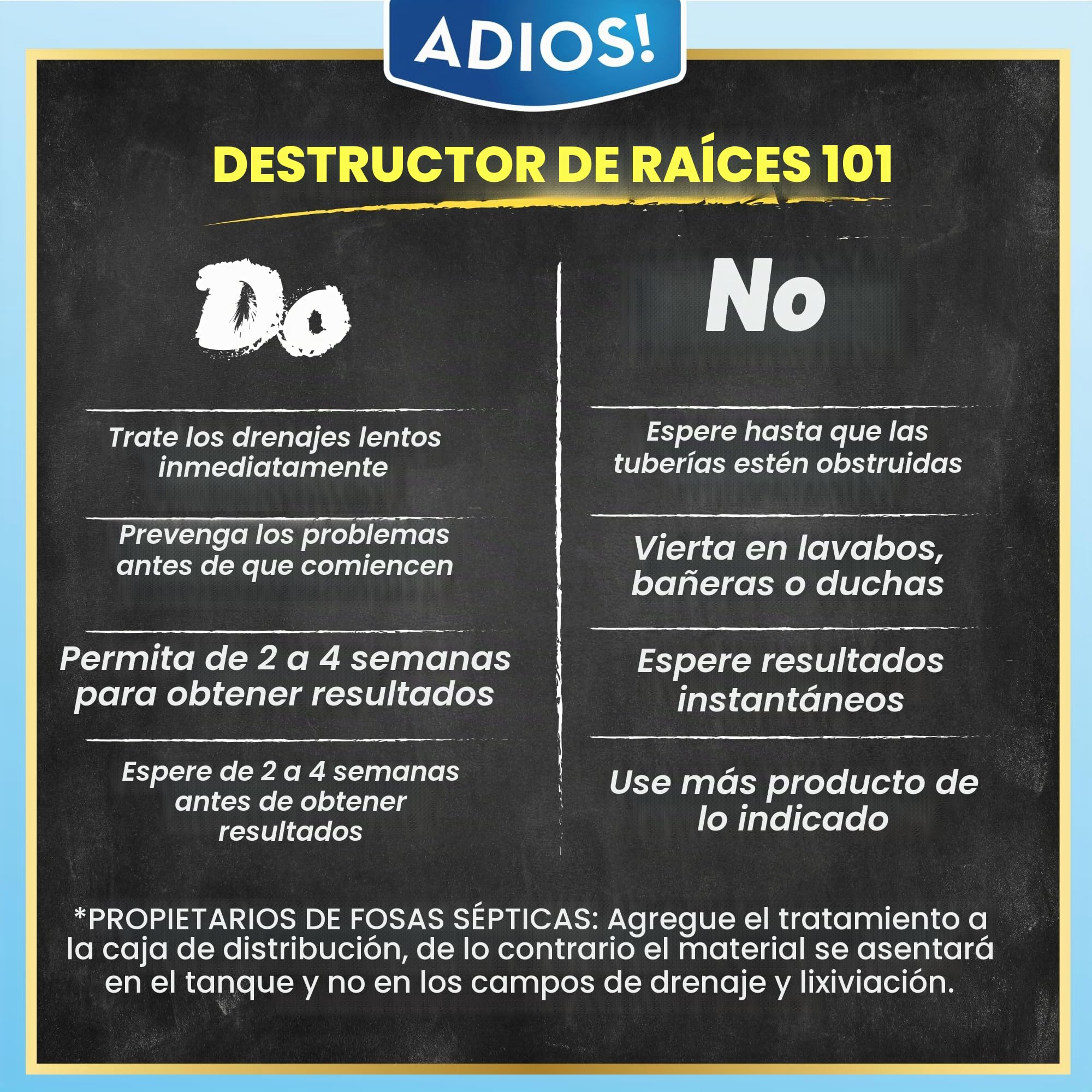 Adios! Eliminador de raíces sépticas y alcantarilladas para árboles y arbustos, fórmula de sulfato de cobre que protege tuberías de alcantarillado, desagües y tanques sépticos del crecimiento invasivo