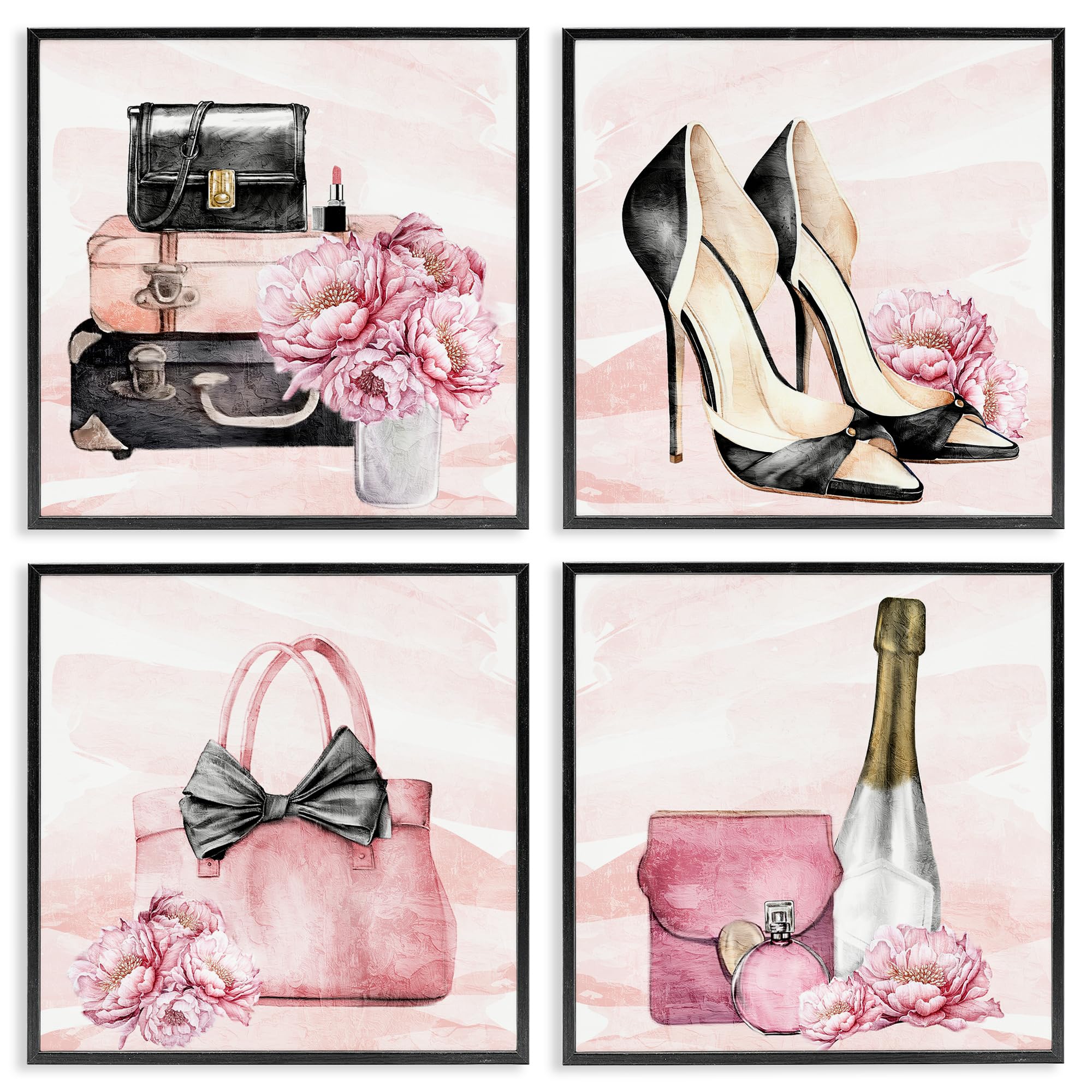Stupell Industries Midnight Black (Textured) 'Glam Time Accessories'| 4Pc Framed Giclee Set