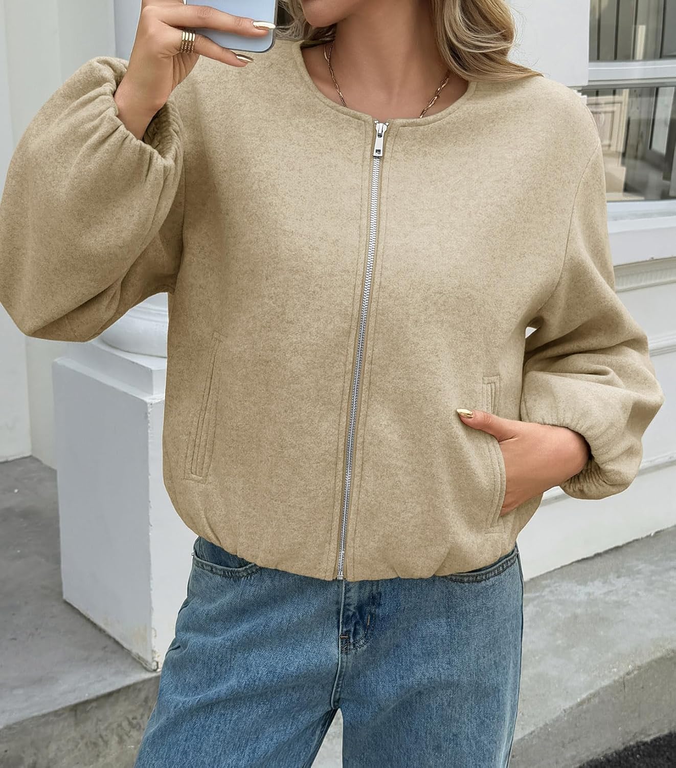 Tankaneo Womens Cropped Bomber Jackets Trendy Casual Collarless Pea Coat Zip Up Fall Short Jacket - Image 4