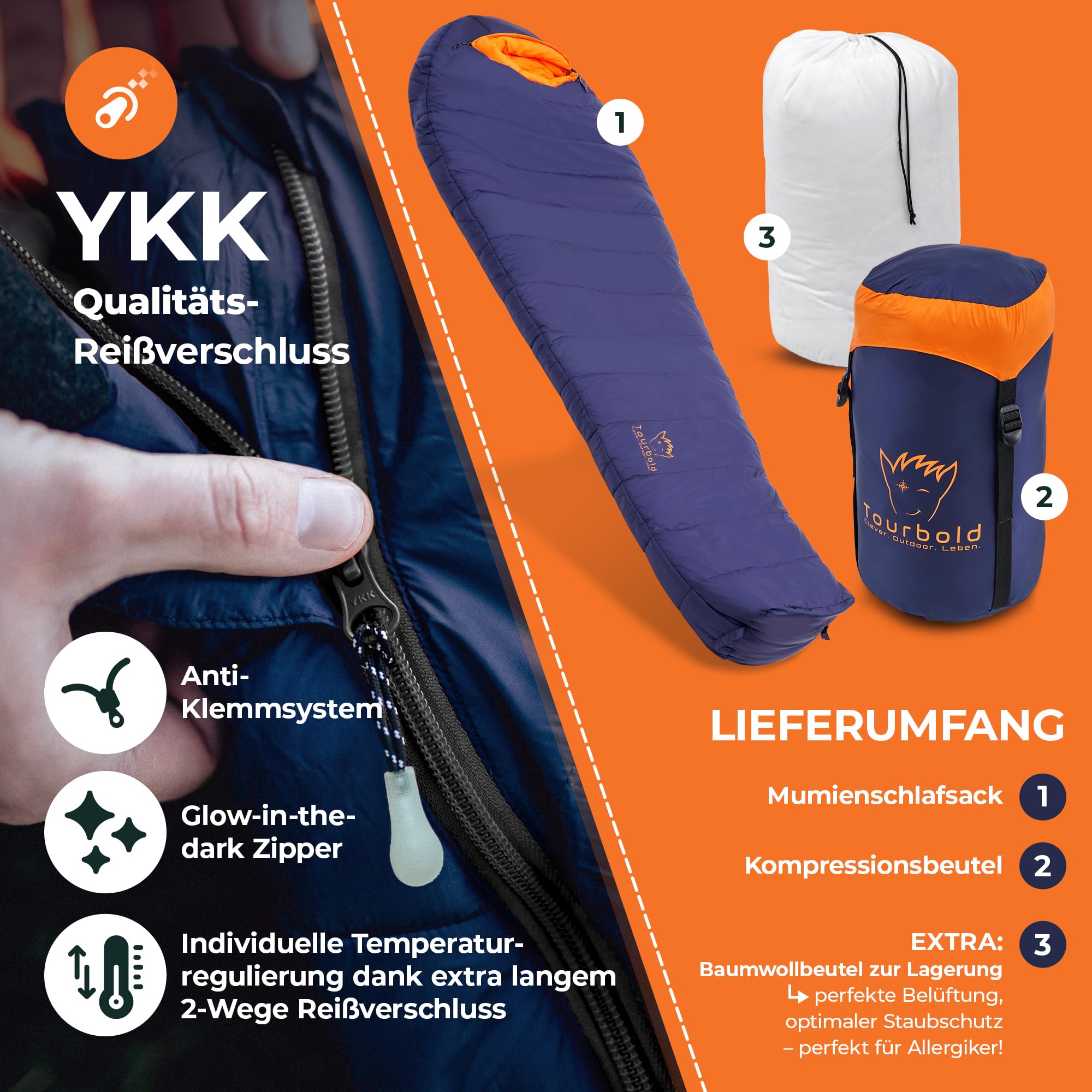 TOURBOLD® Daunenschlafsack Outdoor | 3 Jahreszeiten | Ultraleicht (1250 g) | Kleines Packmaß | Extra Langer Reißverschluss | Komfort-Schnitt | Mumienschlafsack | Camping Trekking Bergsteigen