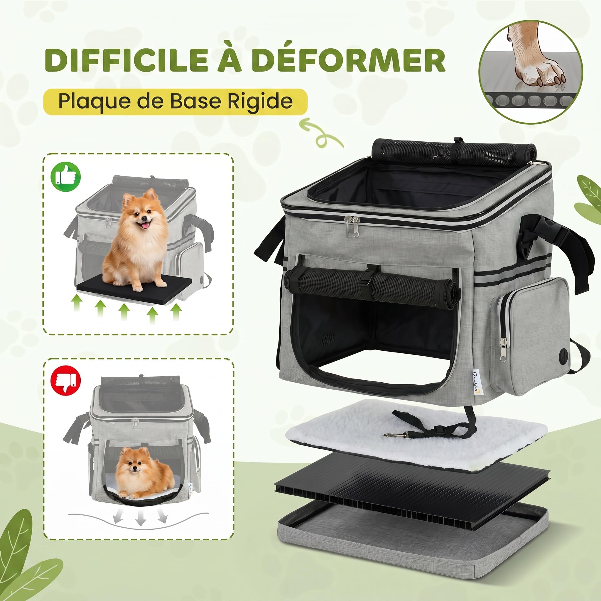 PawHut Cestello da bicicletta Anteriore per Cani Gatti, Cestino Bici Anteriore Portatile con Guinzaglio di Sicurezza, Base Rigida Rimovibile, Coperchio Staccabile, Cuscino Soffice, Finestre e Porta