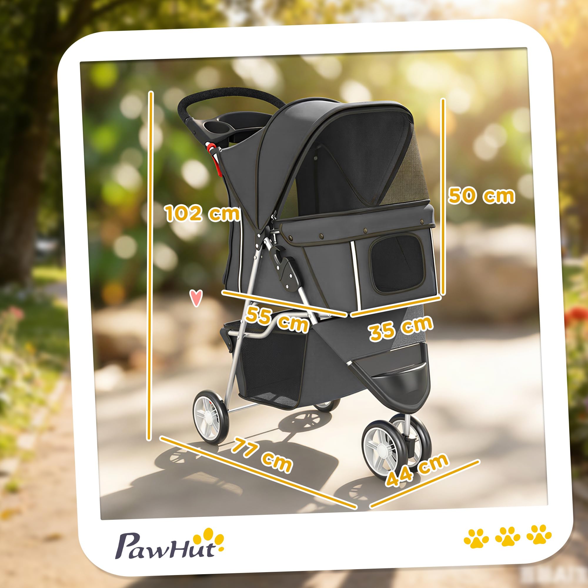 PawHut Carrito para Perros Plegable, Cochecito para Perros Pequeños con Cesta de Almacenaje, Ventanas de Malla, Portavasos y Ruedas, Carga 10 kg, 77x44x102 cm, Gris Oscuro
