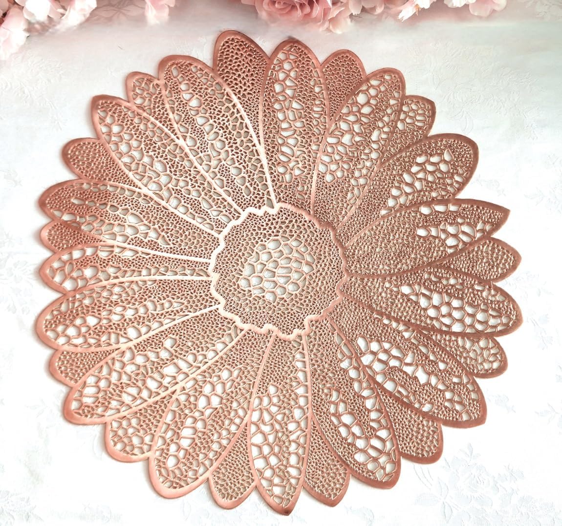 " OCCASIONS " 10 Pieces Pack Pressed Vinyl Metallic Placemats/Wedding Accent Centerpiece Placemat (Fiore Rose Gold)