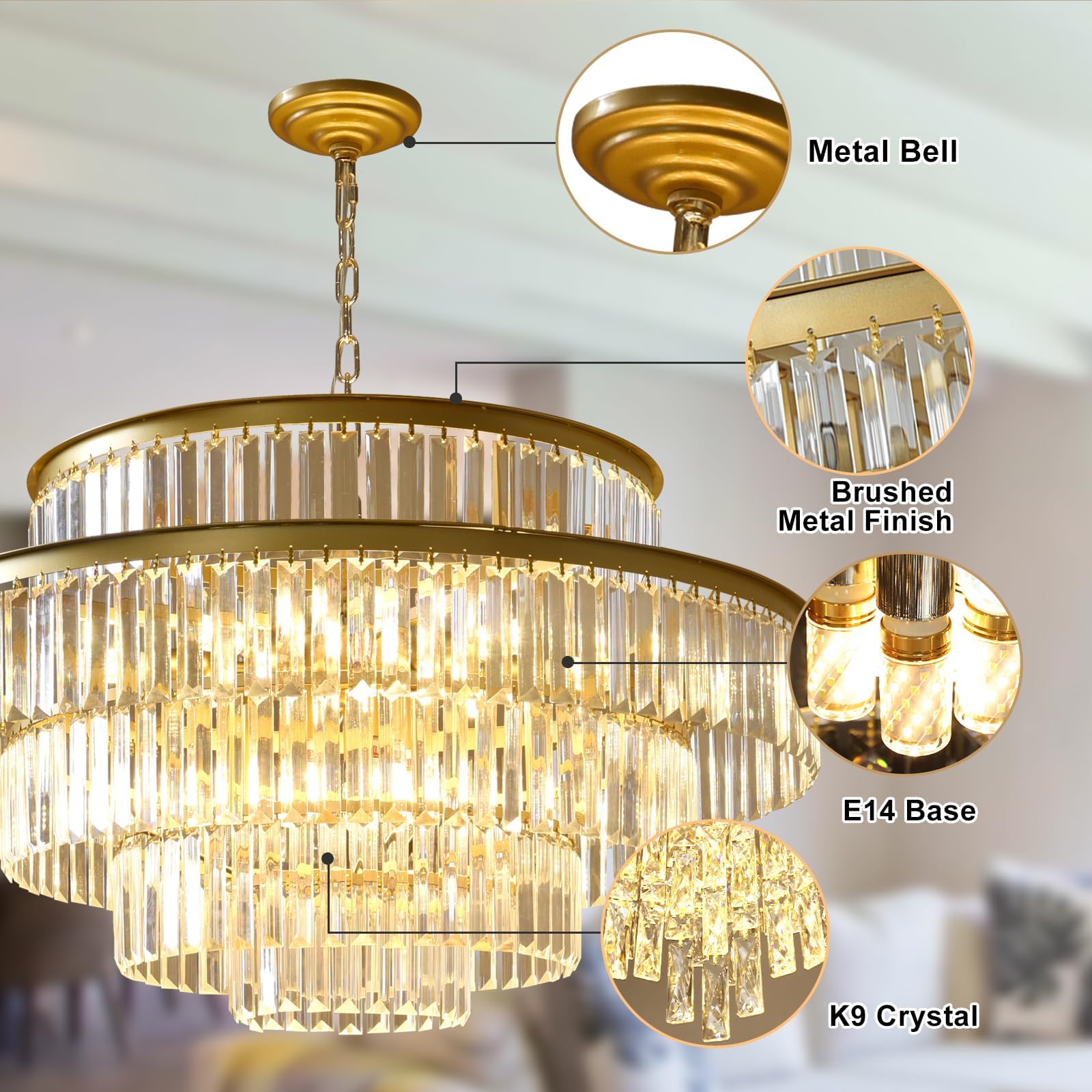 Leomix Kristall Kronleuchter Gold - 80cm Durchmesser Mit Zweig-Design | Höhenverstellbar Bis 200cm