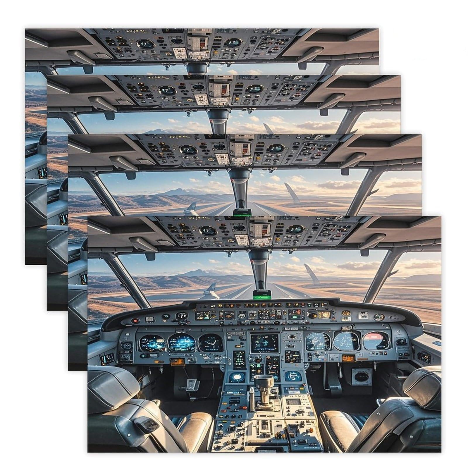 Airplane Cockpit Placemats Flax Place Mats for Dining Table Rectangle Non-Slip Table Mats Heat Resistant Washable Placemat for Kitchen Home Decor Party Outdoor 12" X 18"
