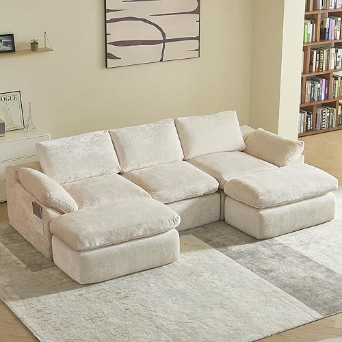 Vamcheer Modular Sectional Cloud Couch, Utra Soft U Shaped Couch with 2 Movable Ottoman, Deep Seat Boneless Couches for Living Room Bedroom, No Assembly Required, Beige