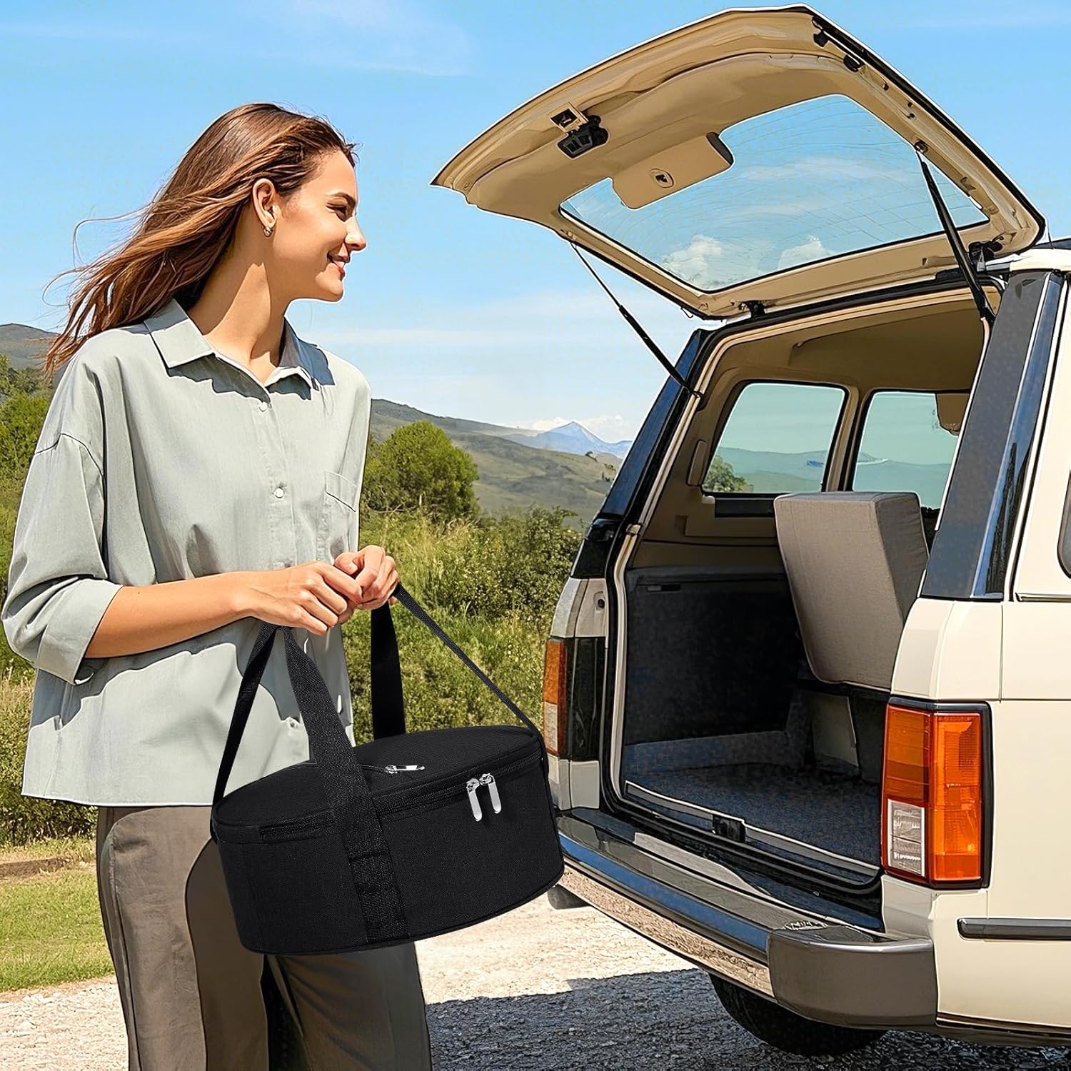 Round Insulated Casserole Carrier, Pie Carrier Bag, Portable Casserole Carrier for Hot or Cold Food Lunch Tote, Lunch Bag for Parties Picnic, Fits 12.5" Baking Dish, Black - Image 7