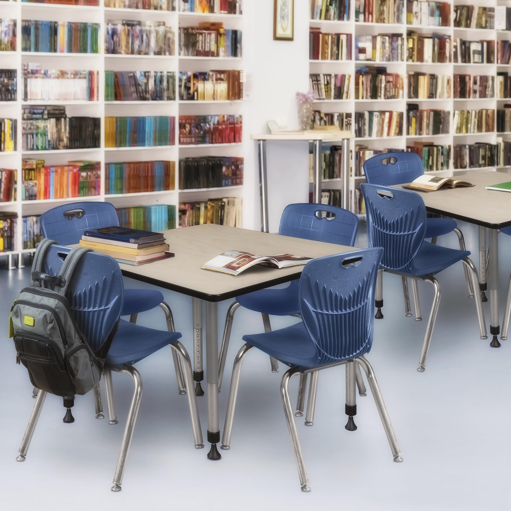 Romig Kee Square Classroom Activity Table & Chairs Height adjustable1, 30 x 30, Chrome|Grey|Maple|Navy Blue