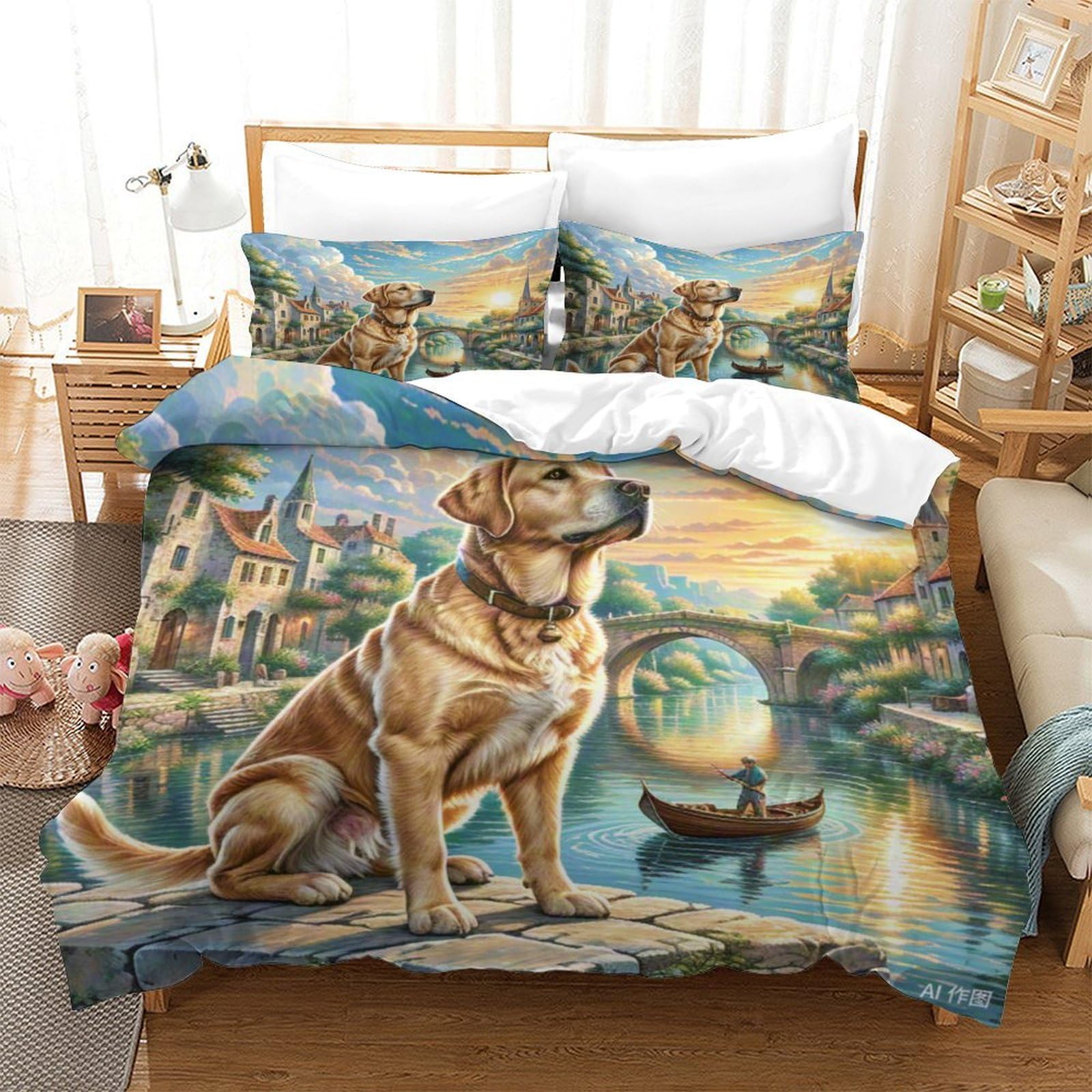 Housse de couette Labrador microfibre douce et parure de lit zippée 140x200cm pour adolescent