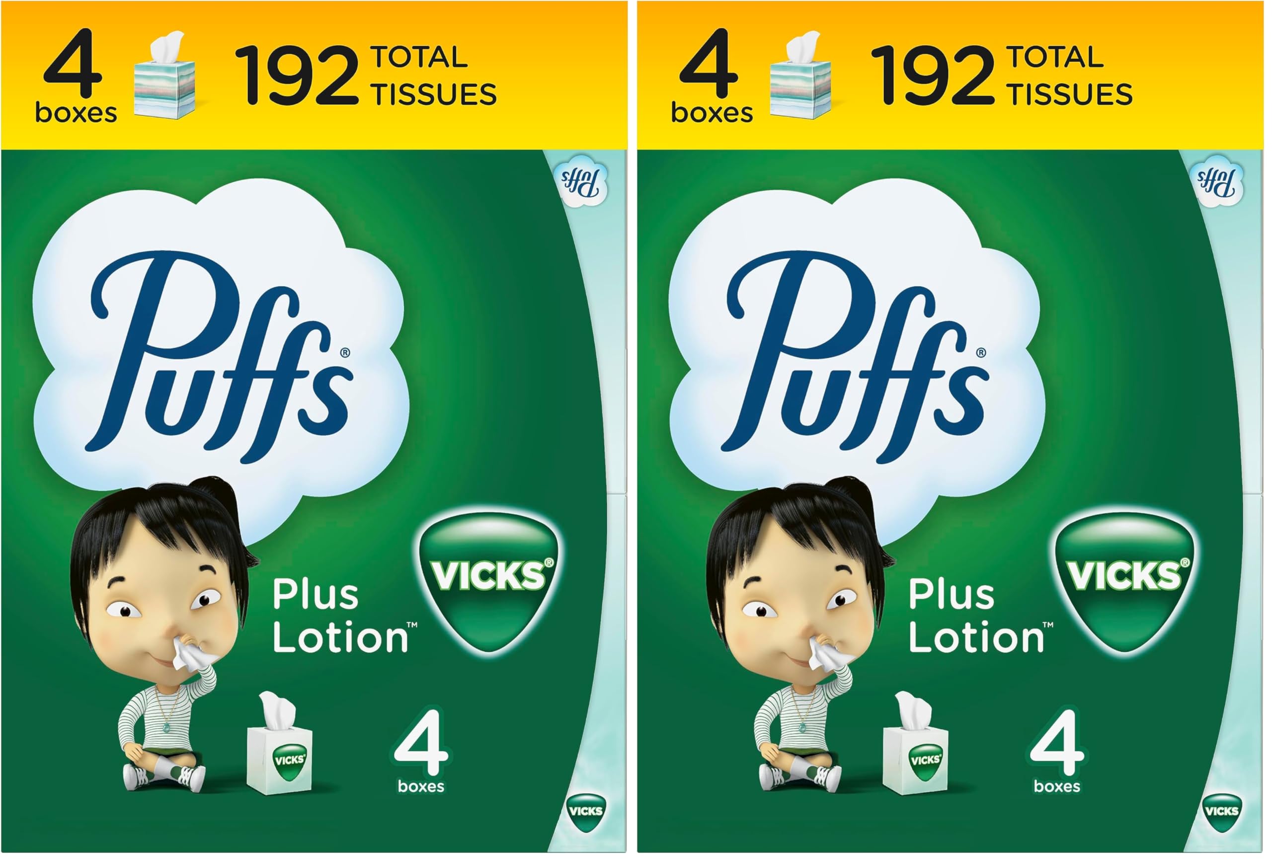Puffs Plus Lotion with Vicks Facial Tissues, 4 Cubes, 48 Tissues per Box (Pack of 2)