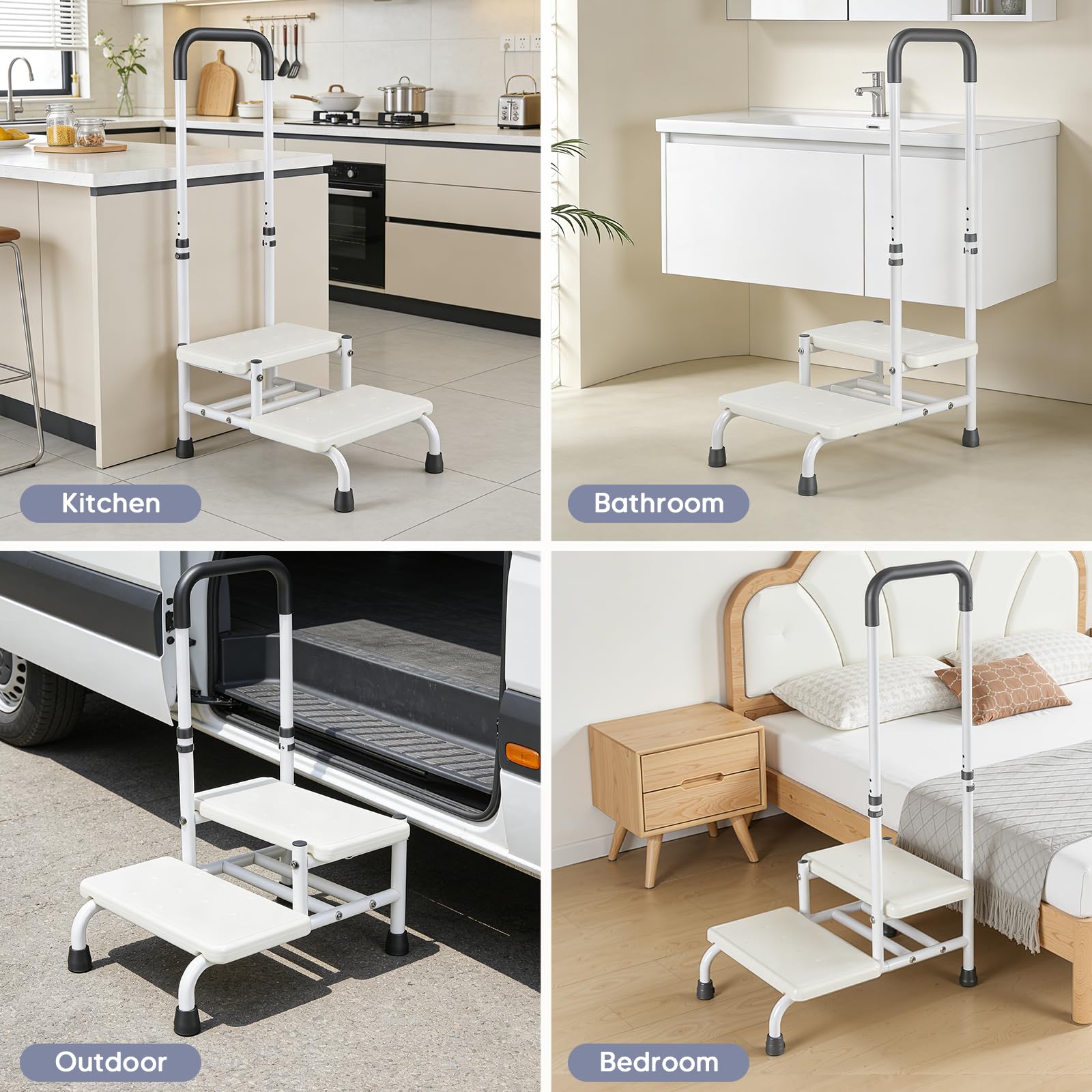 Scaletta da bagno con maniglione di supporto per anziani | Altezza regolabile in 5 posizioni (89-100 cm) | Sgabello a 2 gradini, portata massima 135 kg | Antiscivolo, ideale per vasca da bagno cucina