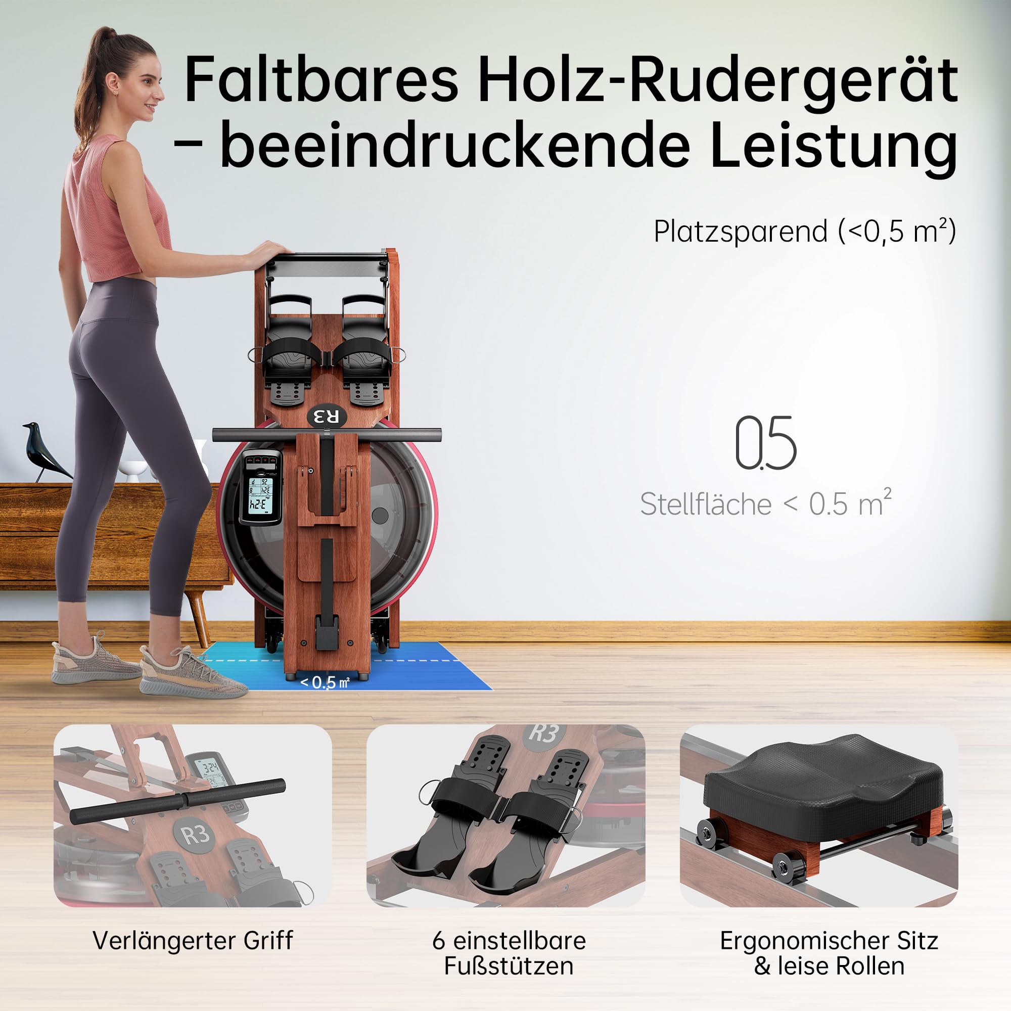 R3 Faltbares Rudergerät aus Eichenholz, mit Bluetooth-fähigem LCD-Display, kompatibel mit Kinomap, 28L Wassertank, belastbar bis 150 kg, ergonomischer Sitz, Verstellbarer Tablethalter