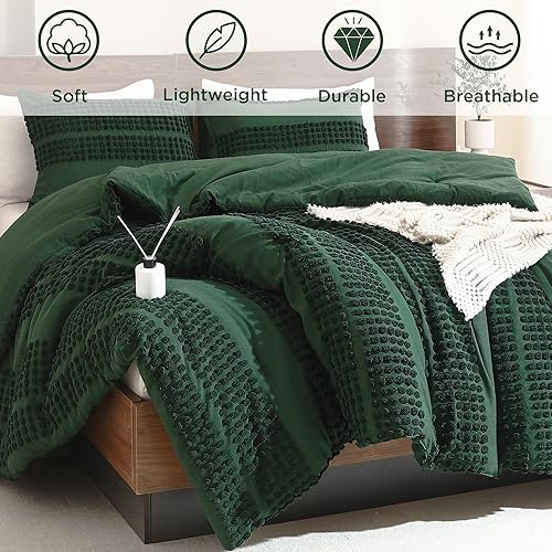 Miniatura 6 de Andency Juego de edredón verde esmeralda oscuro, tamaño Queen, juego de ropa de cama de 3 piezas bohemio ligero verde bosque, juego de edredón de