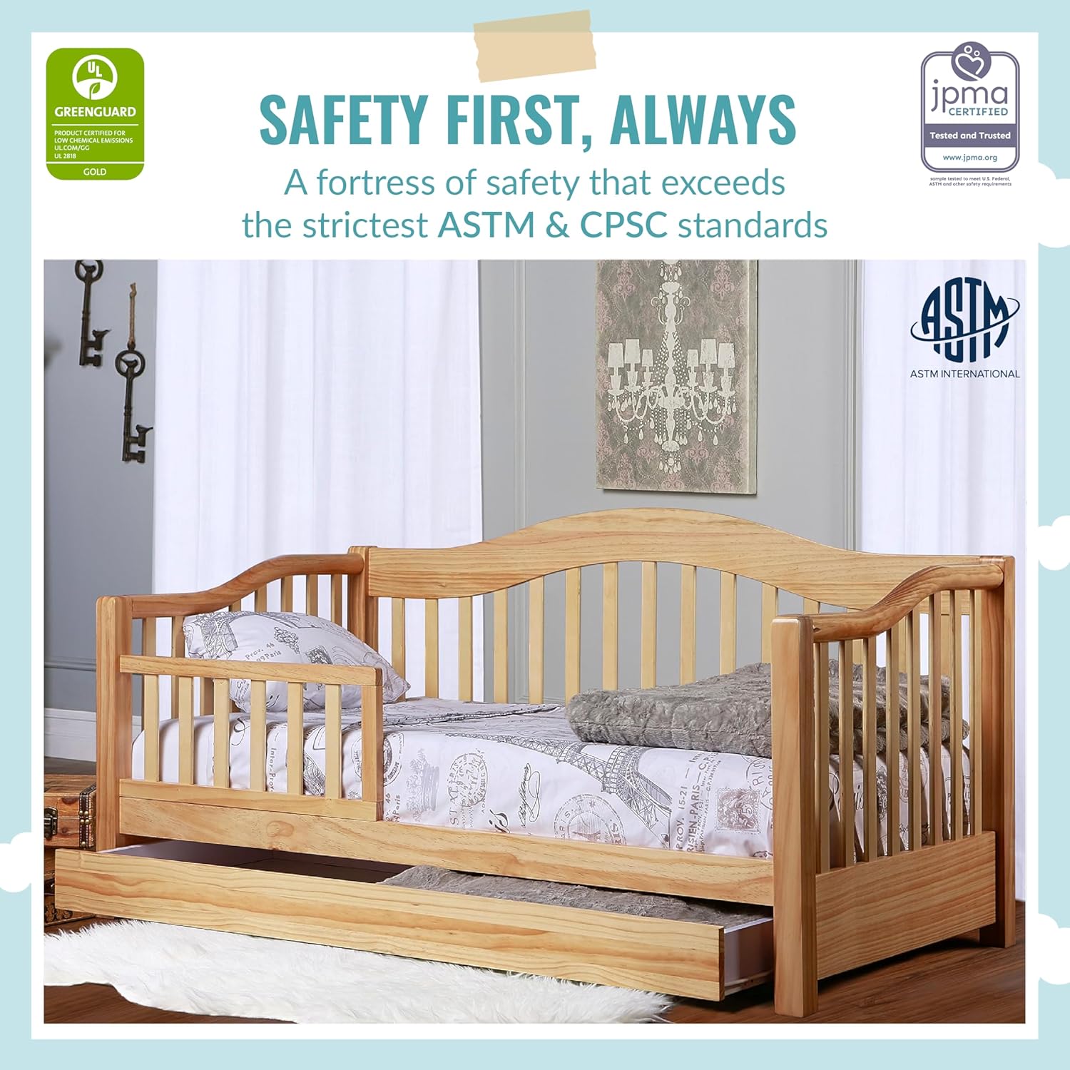 Dream On Me Toddler Day Bed in Natural – Greenguard Gold & Baby Safety Alliance Certified, Low-to-Floor Design, Removable Safety Guard Rail, Non-Toxic Finish, Includes Storage Drawer