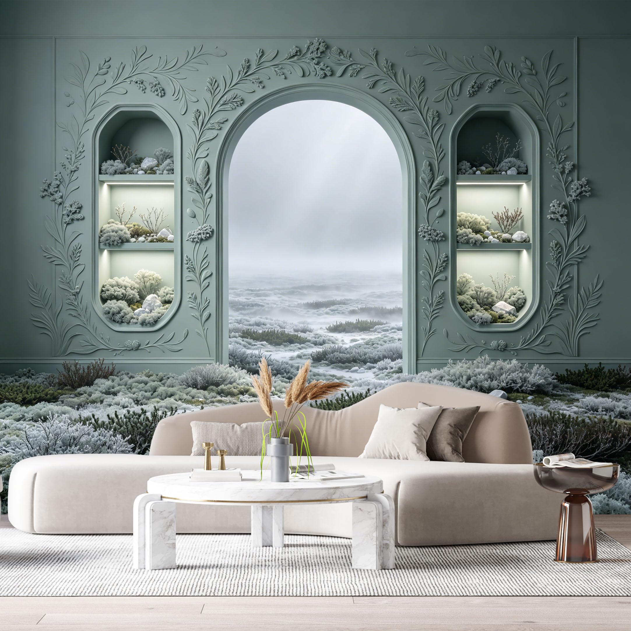 Custom Size Wall Murals Mint Green Archway Misty Beach Coral Shelves Monochrome Textured 3D Trompe L'Oeil SelfAdhesiveWall Fabric Removable Wallpaper Wall Decor for Living Room Bedroom