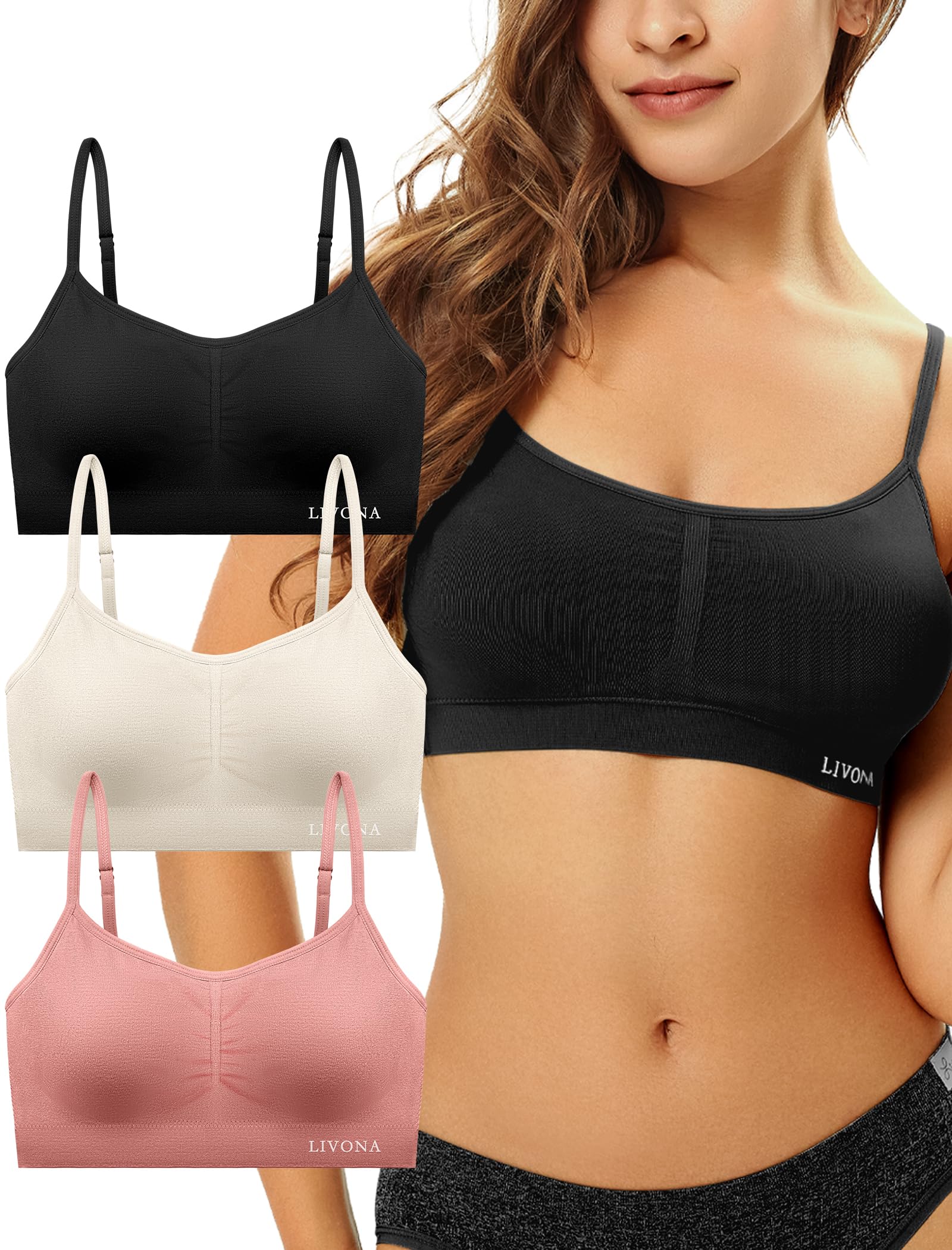 Livona 3 Pack Sports Bras for Women- Wireless Soft Workout Bra, Padded Fitness Bralette, Comfort Crop Cami Tank S-XXL