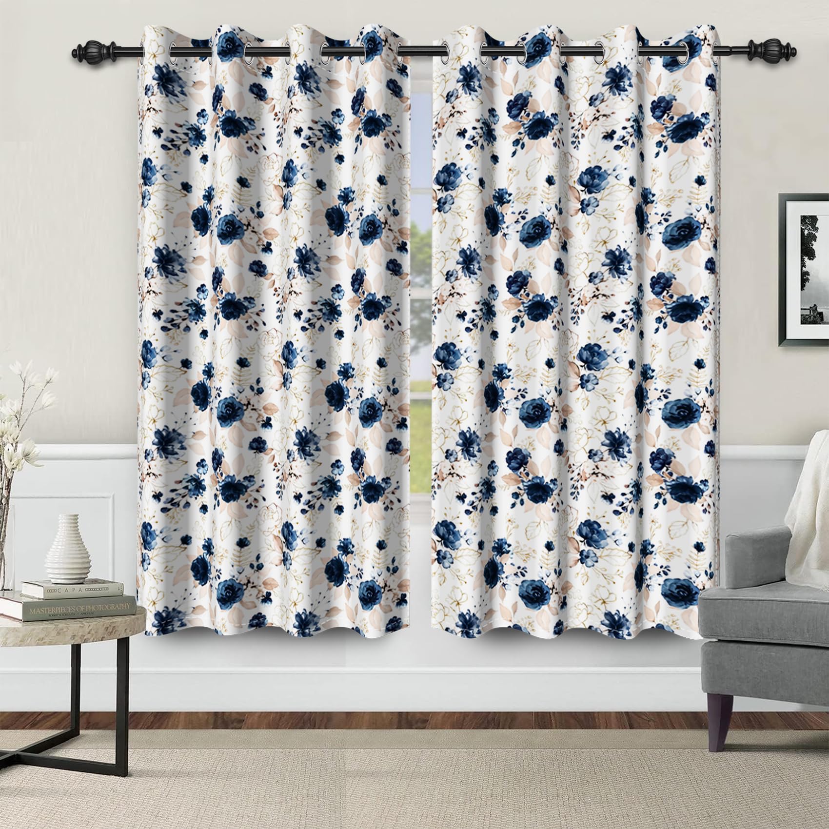Renaiss Navy Blue Floral Blackout Curtains for Bedroom Watercolor Abstract Flowers Gold Leaves Plant Window Curtain Insulated Thermal Window Drapes for Living Room 2 Panels Set, 42x63 Inch