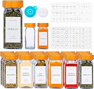 24PCS Bamboo Glass Spice Jars set - Square Glass Jars With Bamboo Lids - Waterproof Labels Stickers For Herbs, Spices & Seasoning - Kitchen Storage & Organisation of Spice Jars With Lids And Labels