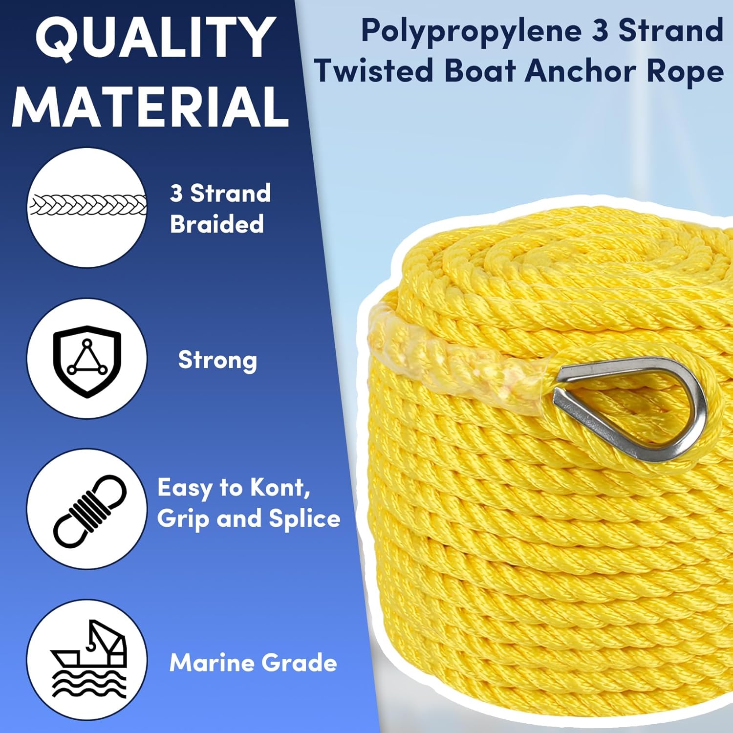 Boat Anchor Rope 1/2inch x300ft, Polypropylene Three Strand Braided Boat Lines Dockline with Thimble, Twisted Anchor Line for Boat/Sailboat/Mooring/Pull Lines, 5850LB Breaking Strain, Yellow