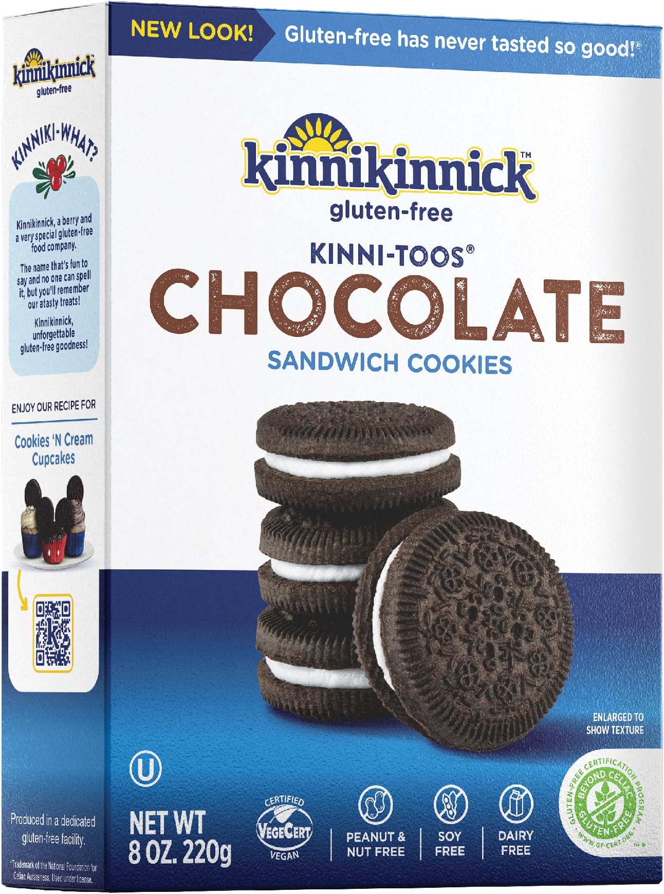 - Kinnikinnick Gluten Free KinniTOOS Chocolate Sandwich Cream Cookies, 8 oz Box, Allergy Friendly, Vegan, Kosher