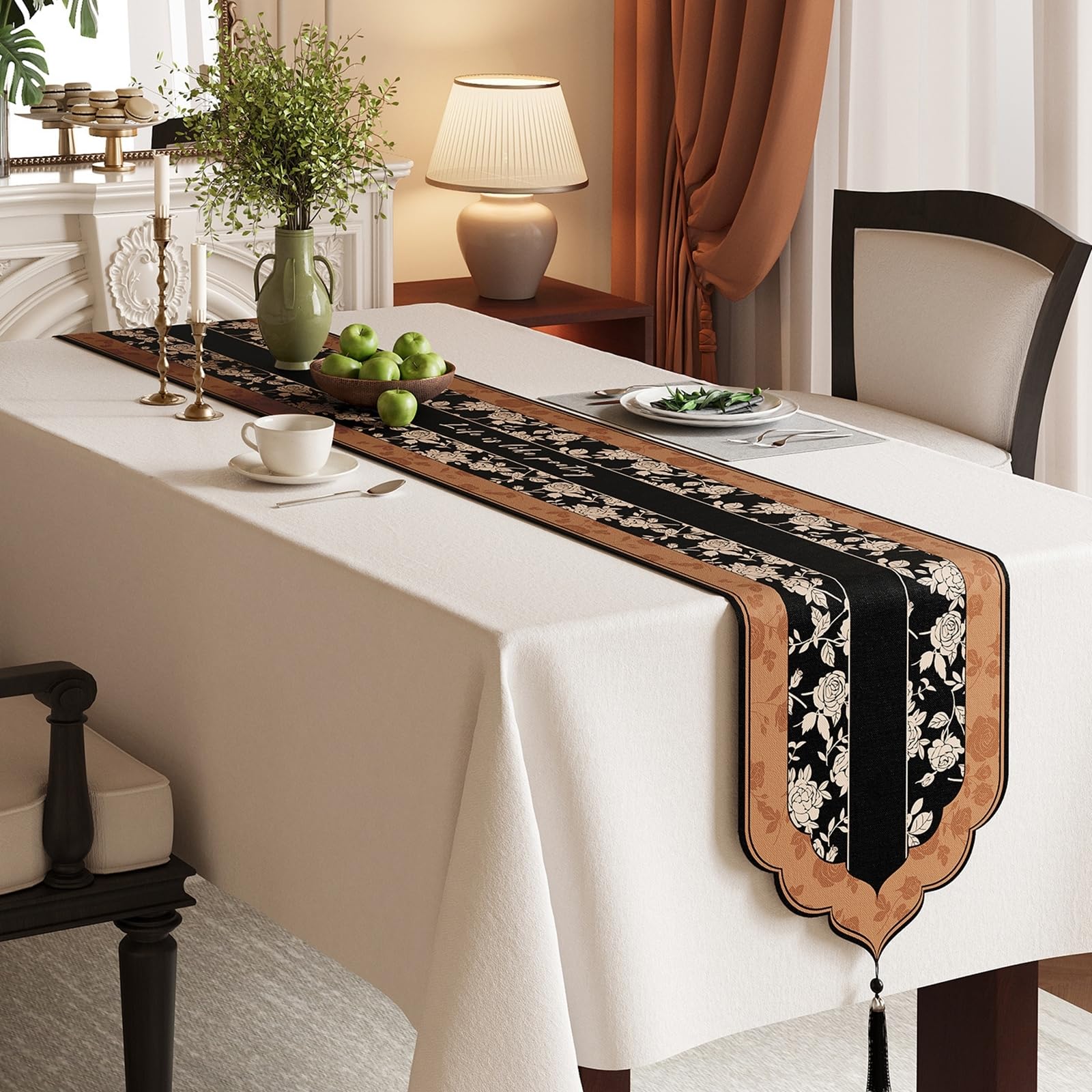 Chemin de Table Champetre 35x260cm, Chemin de Table pour Cuisine Lin À Motif Floral Vintage