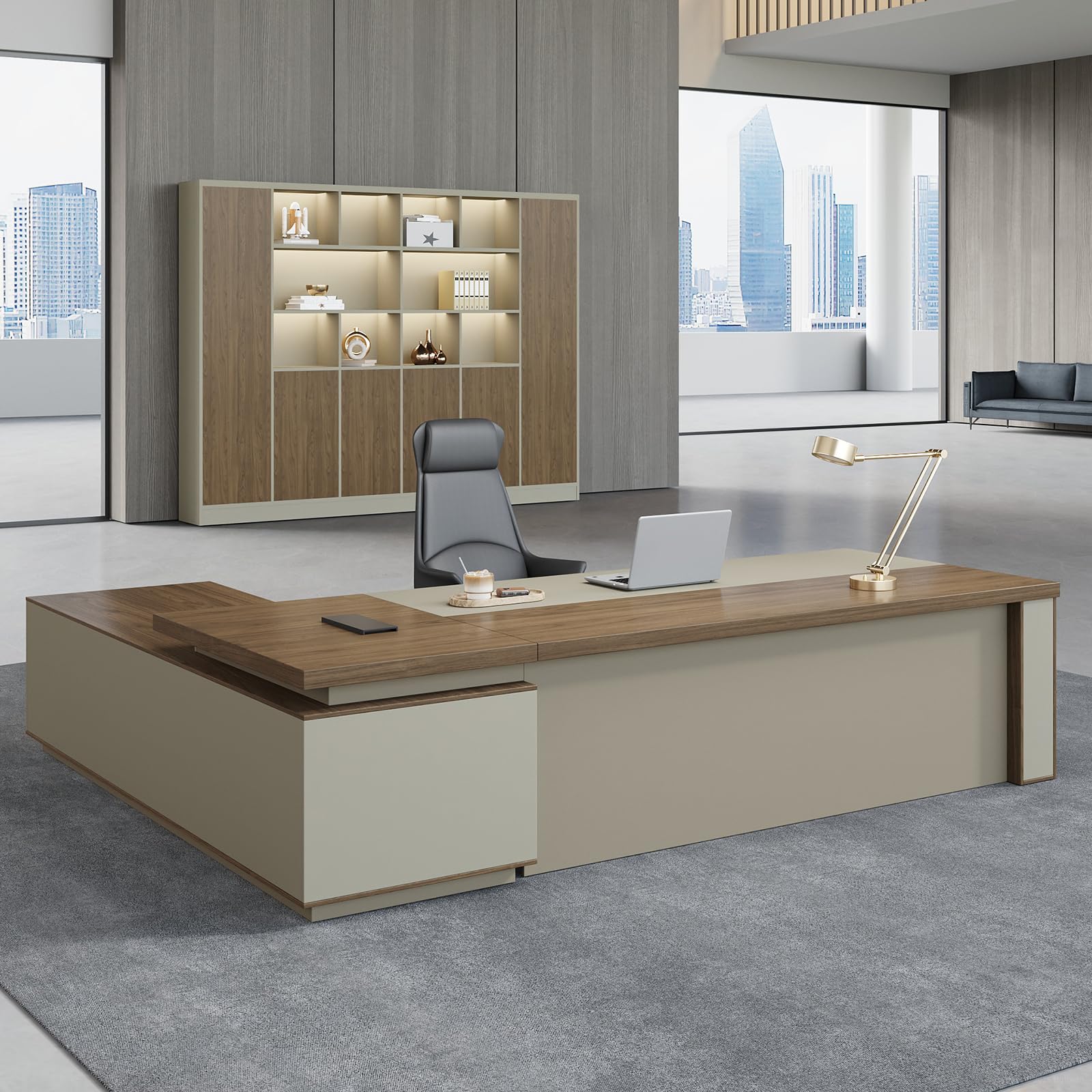 L Shape Executive Desk with Reversible Cabinets, Lockable Drawers & Cable Box – Modern Office Desk with Thick Desktop for Home or Business Use (Black Walnut+Khaki, 94.5" L*70.8" W*29.5" H)